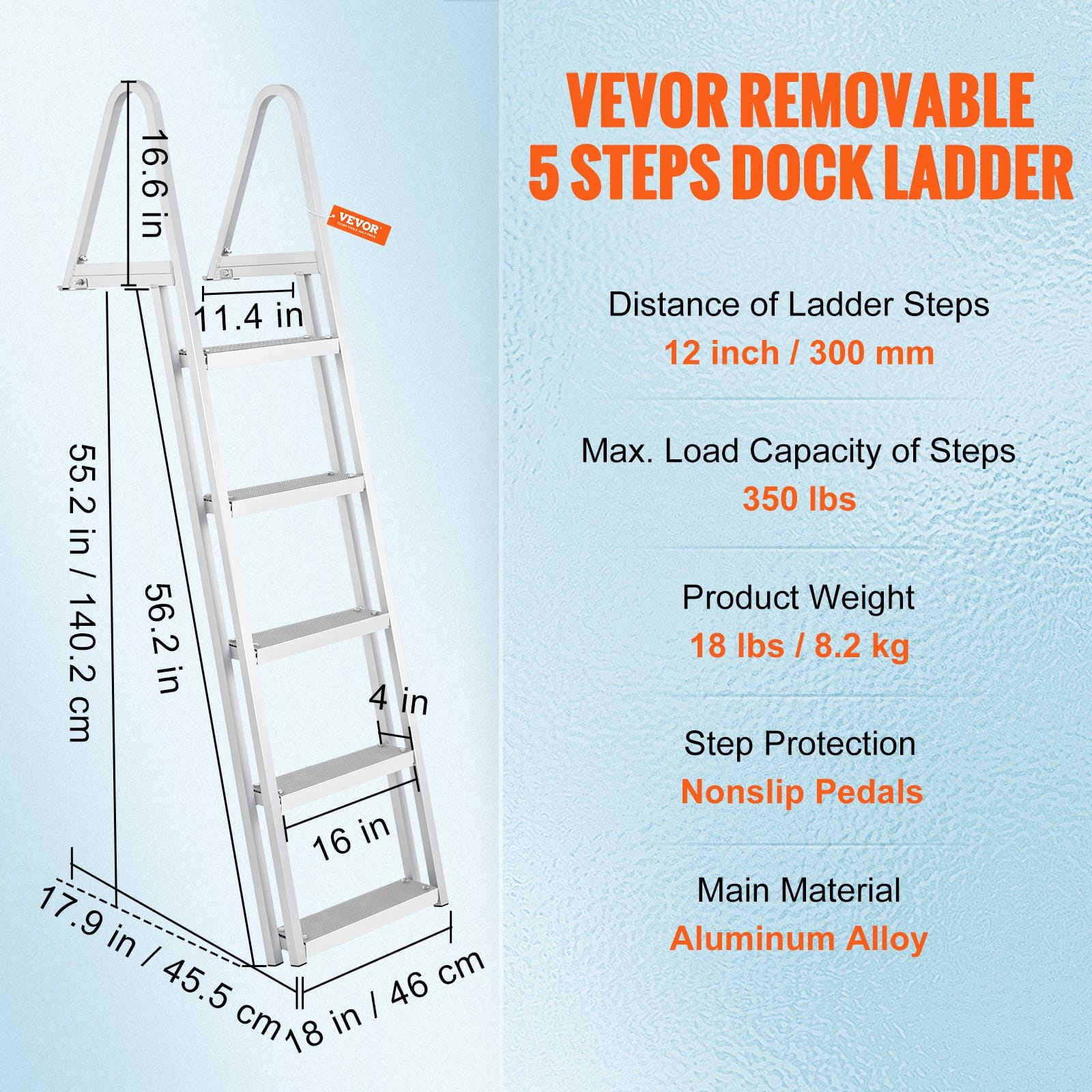 VEVOR 5-Step Removable Dock Ladder, 159kg Load, Non-Slip 30x10cm Steps, Aluminum Marine Boarding Ladder for Boat/Pool/Dock - Зображення 7