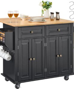 Мобильная кухонная тележка VEVOR с деревянной крышкой диаметром 110 см, шкафом для хранения, листовым полотенцем, вешалкой для полотенец и специй, черная