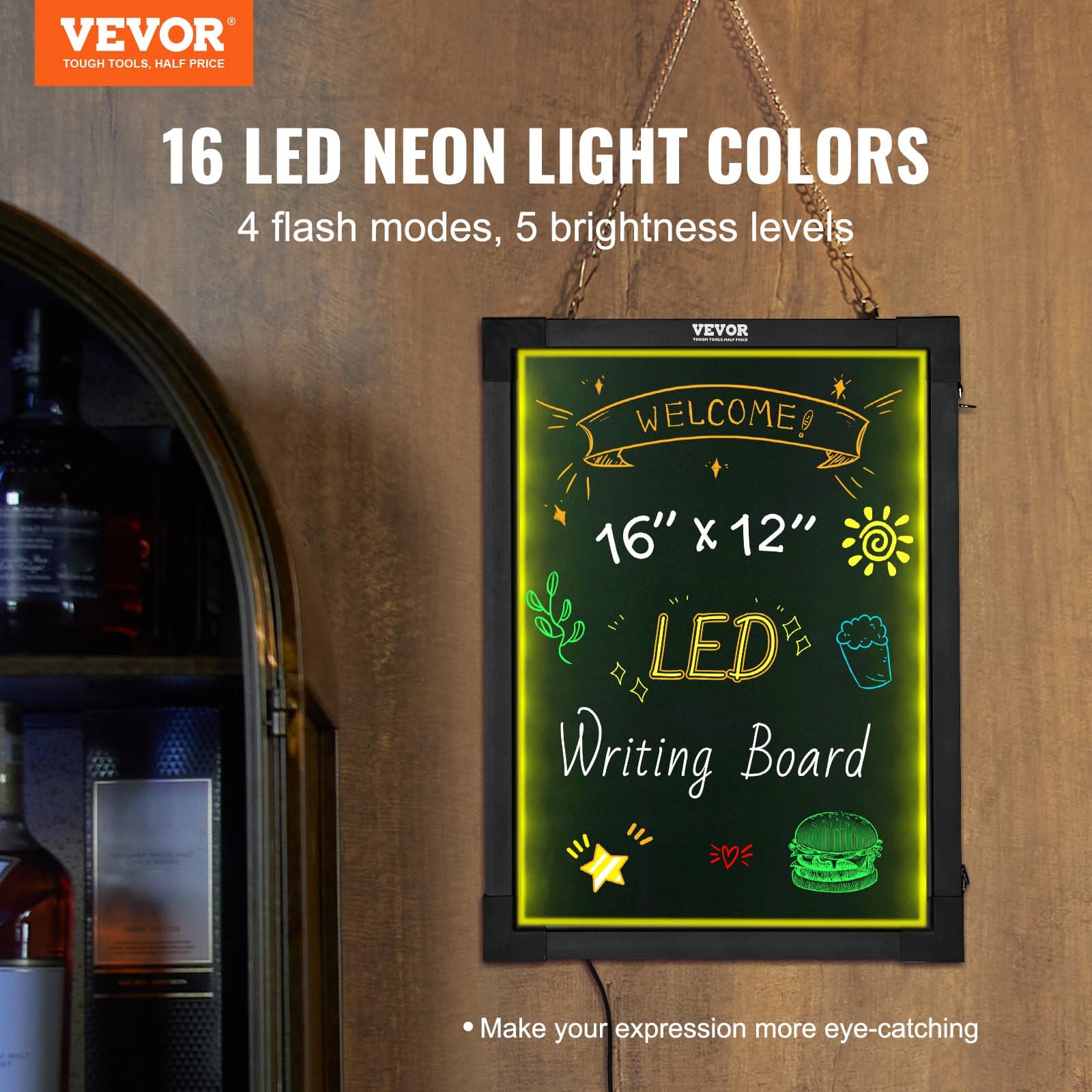 VEVOR 40.6x30.5 cm LED Message Board with 16 Colors, Remote Control, Tempered Glass, Erasable Neon Writing Display – Paveikslėlis 2