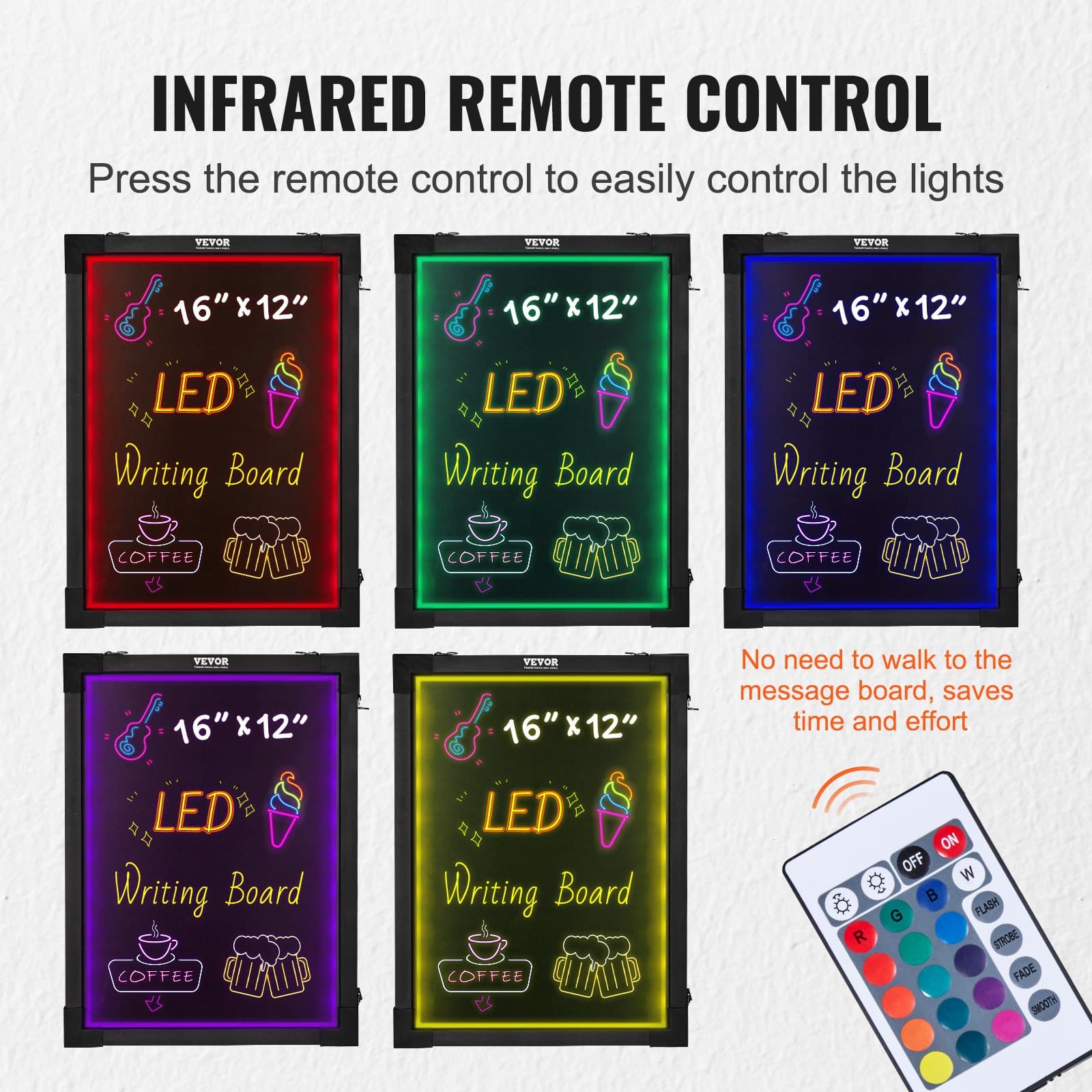 VEVOR 40.6x30.5 cm LED Message Board with 16 Colors, Remote Control, Tempered Glass, Erasable Neon Writing Display – Paveikslėlis 4