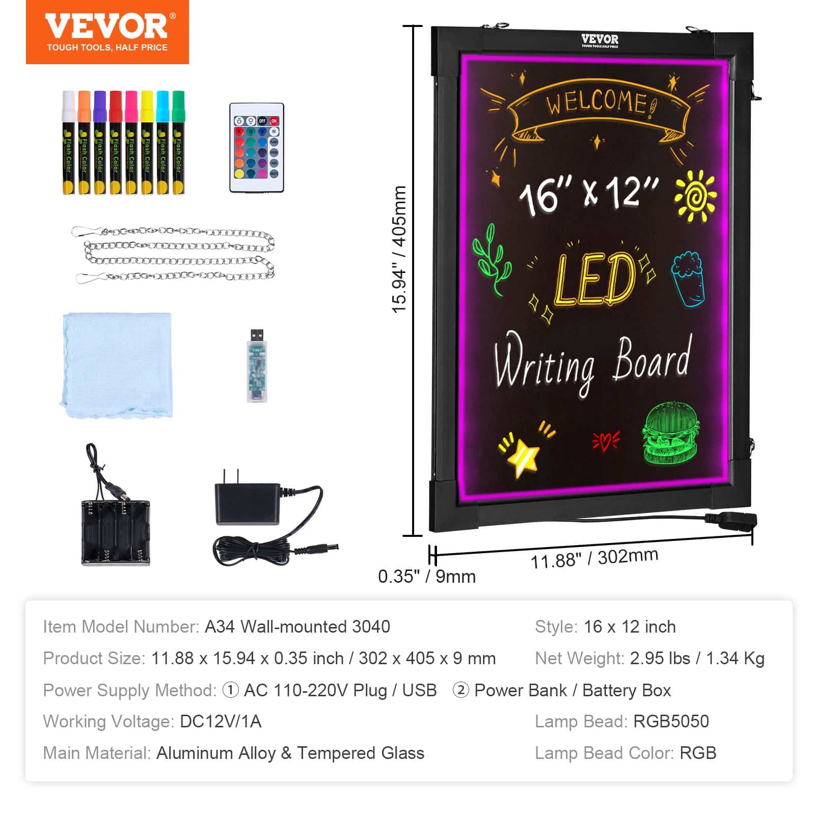 VEVOR 40.6x30.5 cm LED Message Board with 16 Colors, Remote Control, Tempered Glass, Erasable Neon Writing Display – Paveikslėlis 7