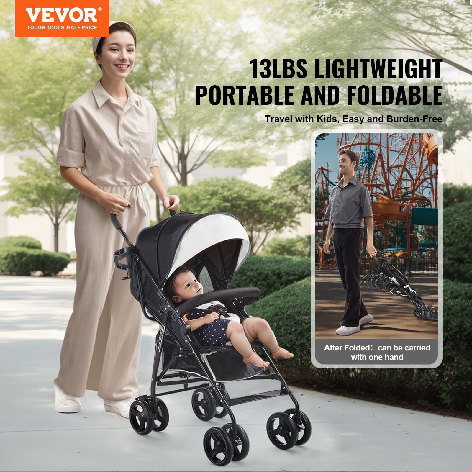 VEVOR Lightweight Foldable Baby Stroller, Reclining Backrest, Canopy, Carbon Steel Frame, Travel-Friendly, Black/White — attēls 2