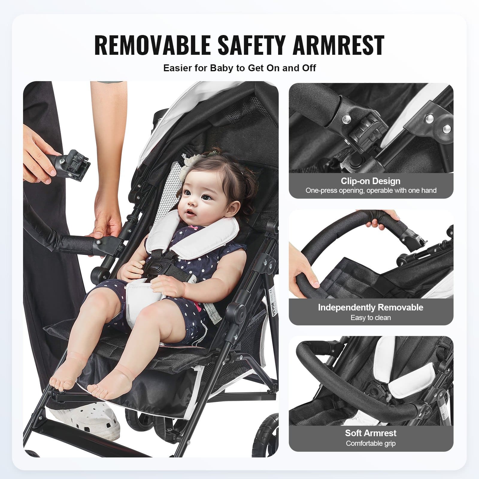 VEVOR Lightweight Foldable Baby Stroller, Reclining Backrest, Canopy, Carbon Steel Frame, Travel-Friendly, Black/White — attēls 3