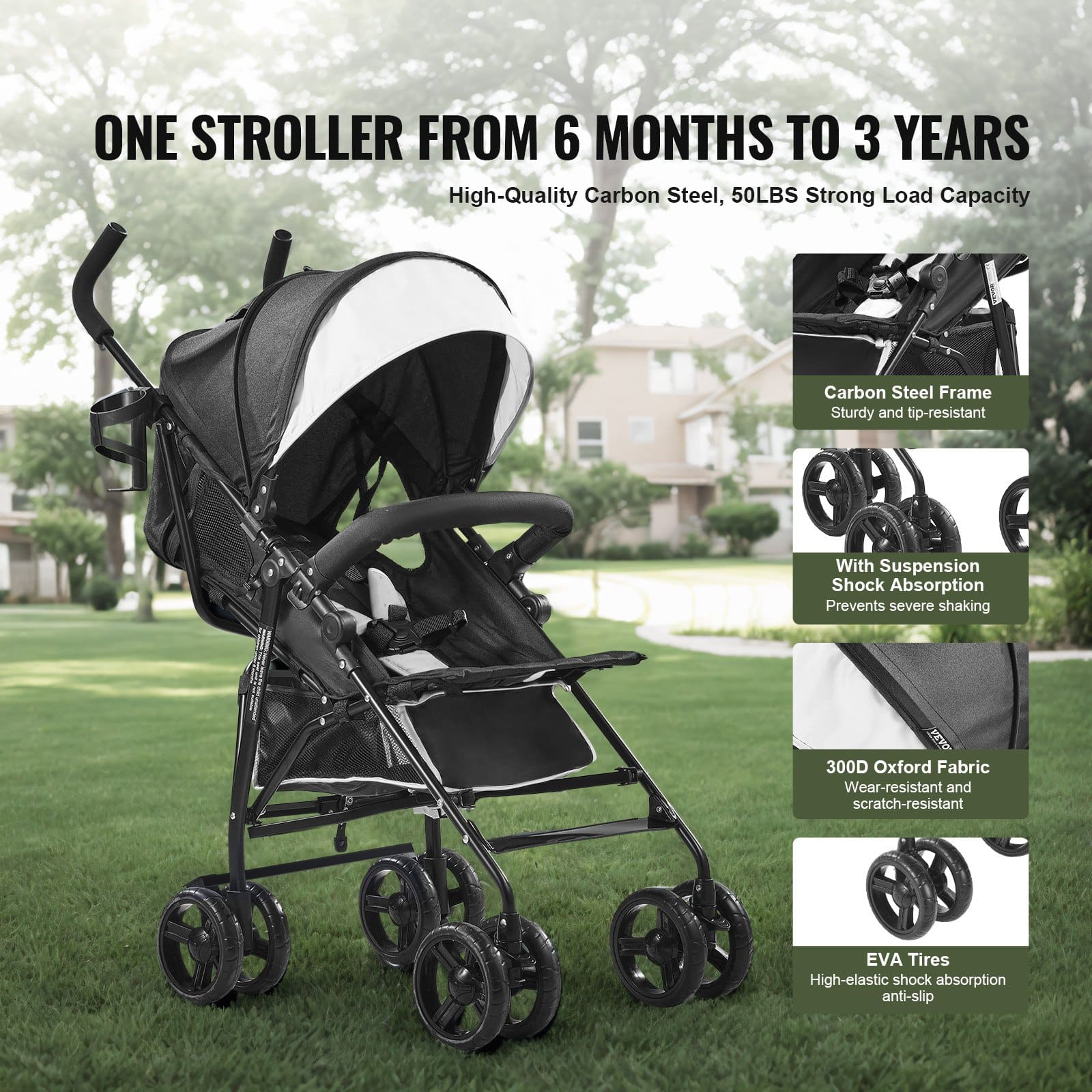 VEVOR Lightweight Foldable Baby Stroller, Reclining Backrest, Canopy, Carbon Steel Frame, Travel-Friendly, Black/White — attēls 4