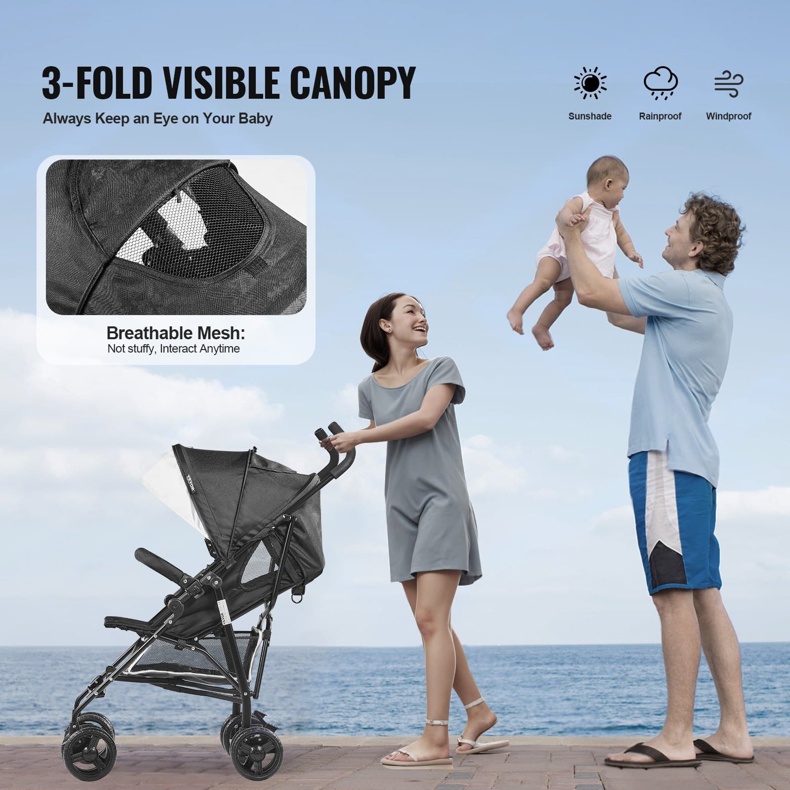 VEVOR Lightweight Foldable Baby Stroller, Reclining Backrest, Canopy, Carbon Steel Frame, Travel-Friendly, Black/White — attēls 5