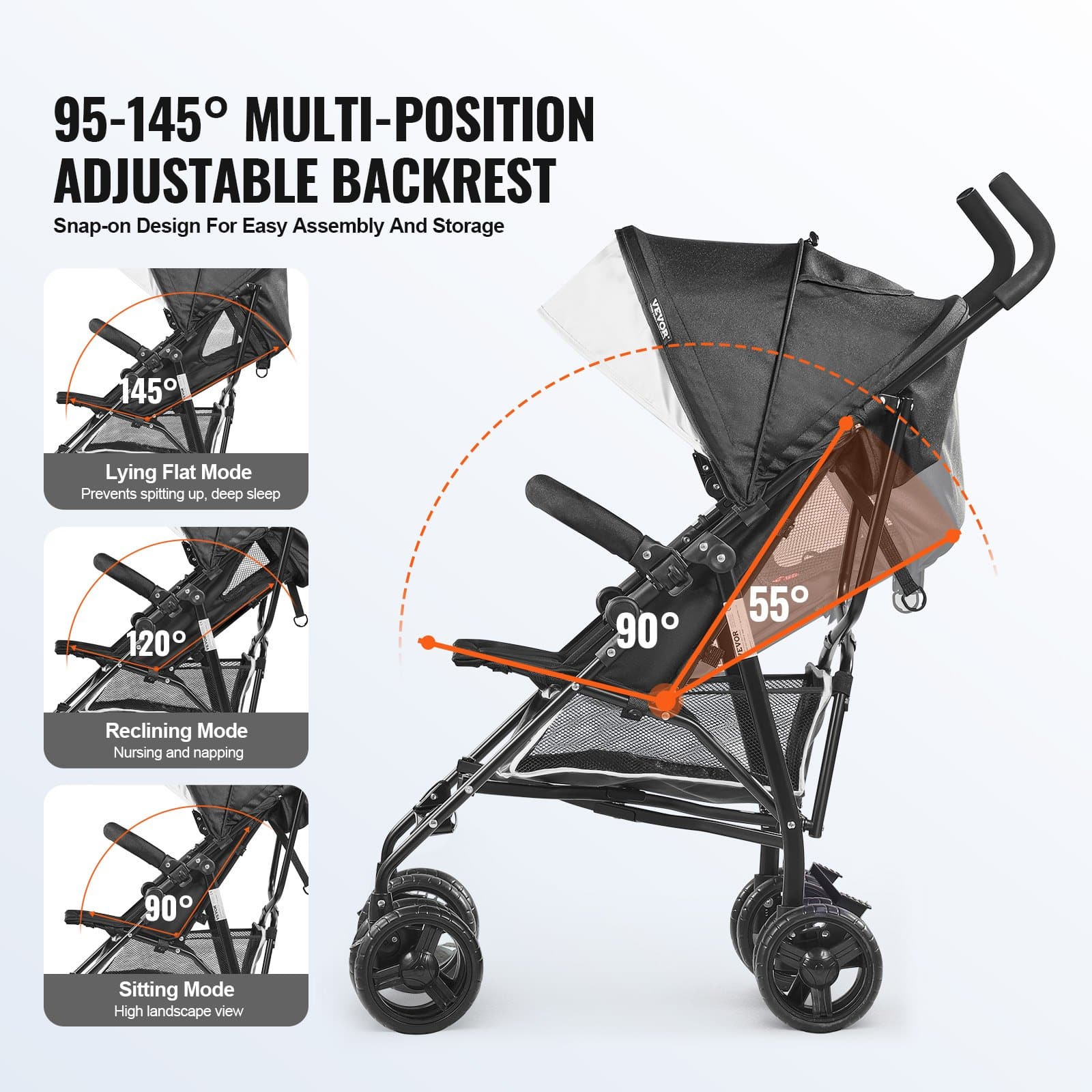 VEVOR Lightweight Foldable Baby Stroller, Reclining Backrest, Canopy, Carbon Steel Frame, Travel-Friendly, Black/White — attēls 6