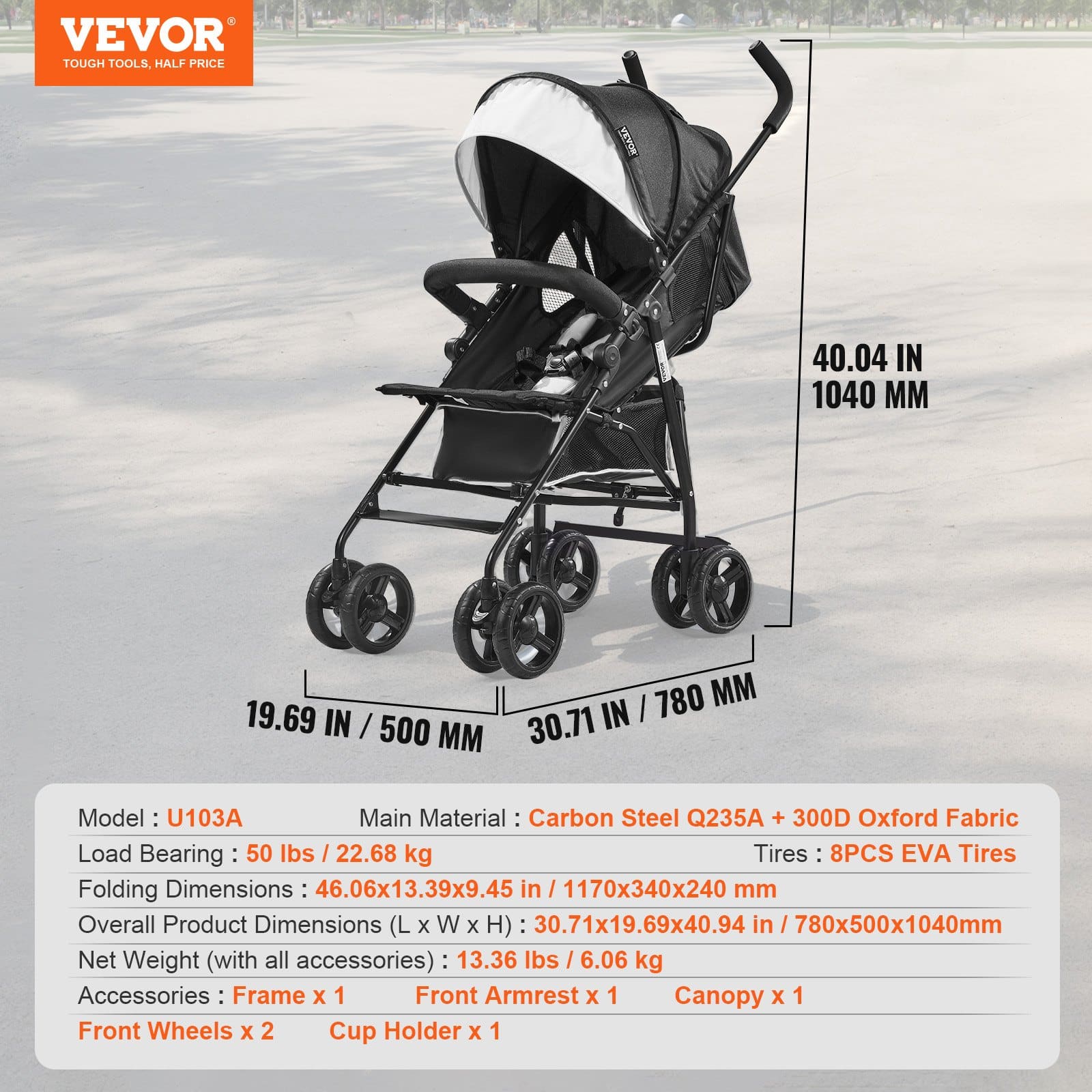 VEVOR Lightweight Foldable Baby Stroller, Reclining Backrest, Canopy, Carbon Steel Frame, Travel-Friendly, Black/White — attēls 7