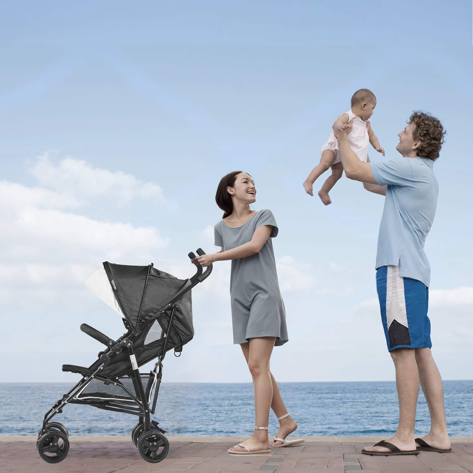 VEVOR Lightweight Foldable Baby Stroller, Reclining Backrest, Canopy, Carbon Steel Frame, Travel-Friendly, Black/White — attēls 8