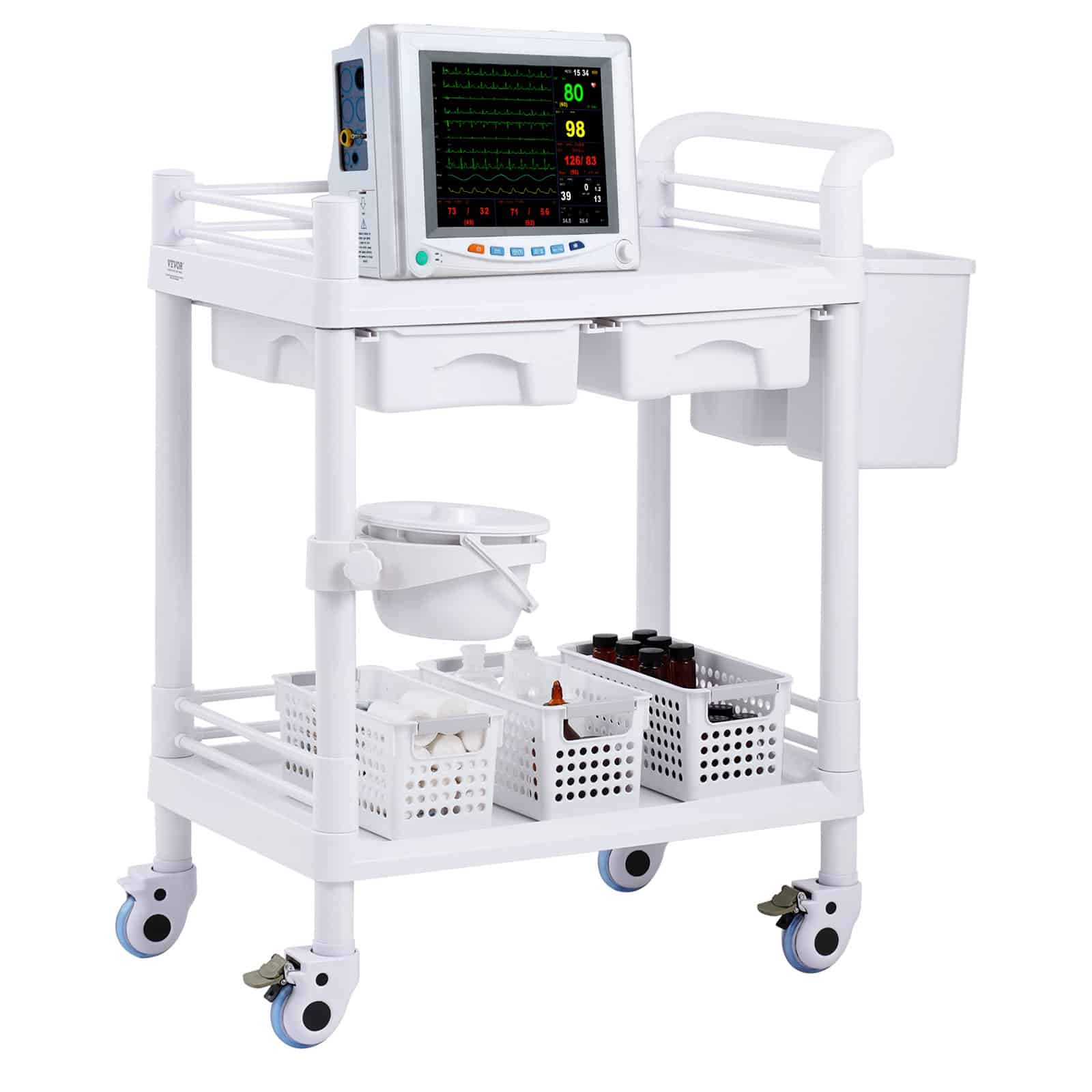 VEVOR 2-Tier Mobile Lab Cart with Drawers, Trays & Trash Bins, ABS Utility Cart with Silent Wheels for Medical & Salon Use, White