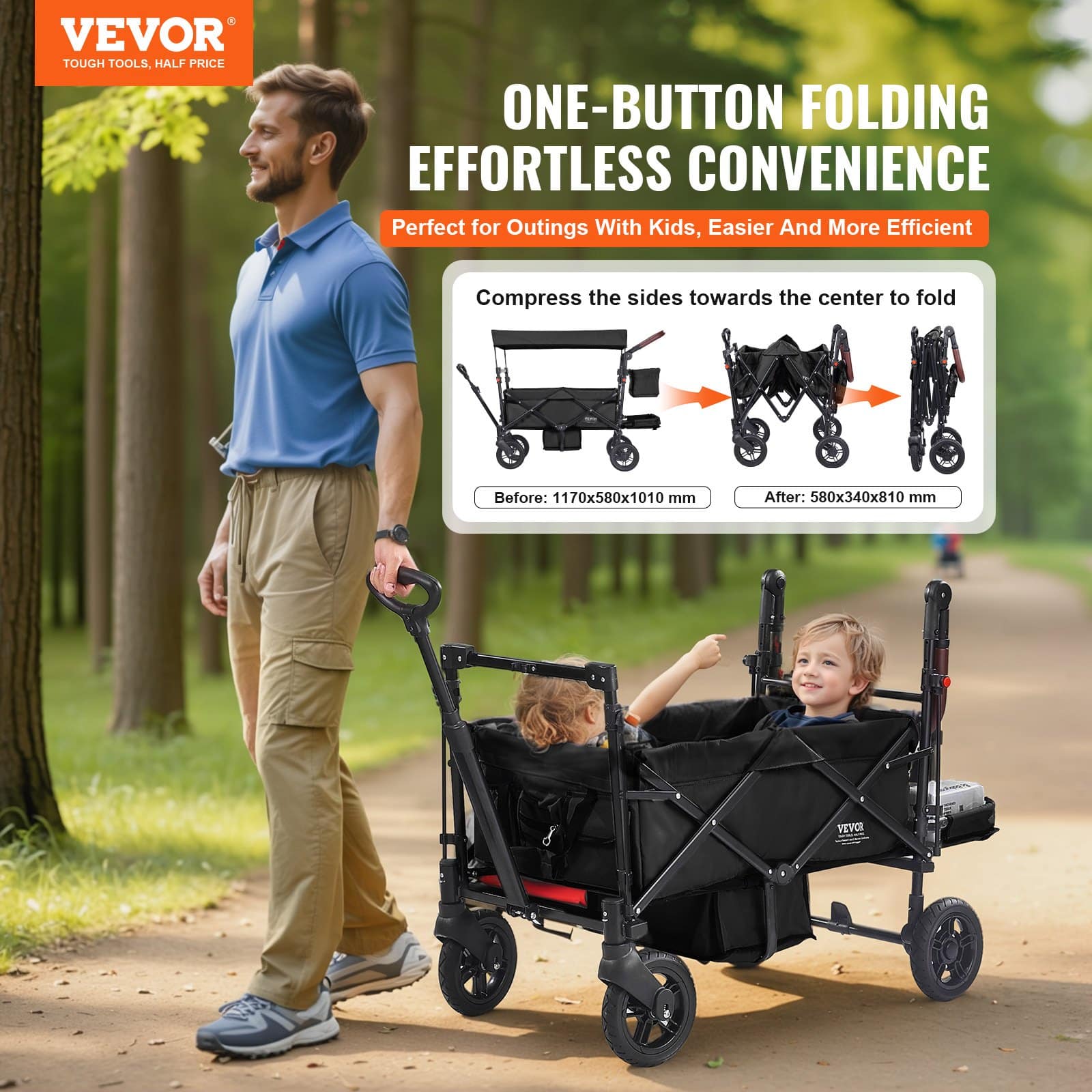 VEVOR Collapsible Tandem Wagon Stroller for 2 Kids, Adjustable Handle, Canopy, 4 Brakes Wheels, 25 kg Capacity, Black – Paveikslėlis 2
