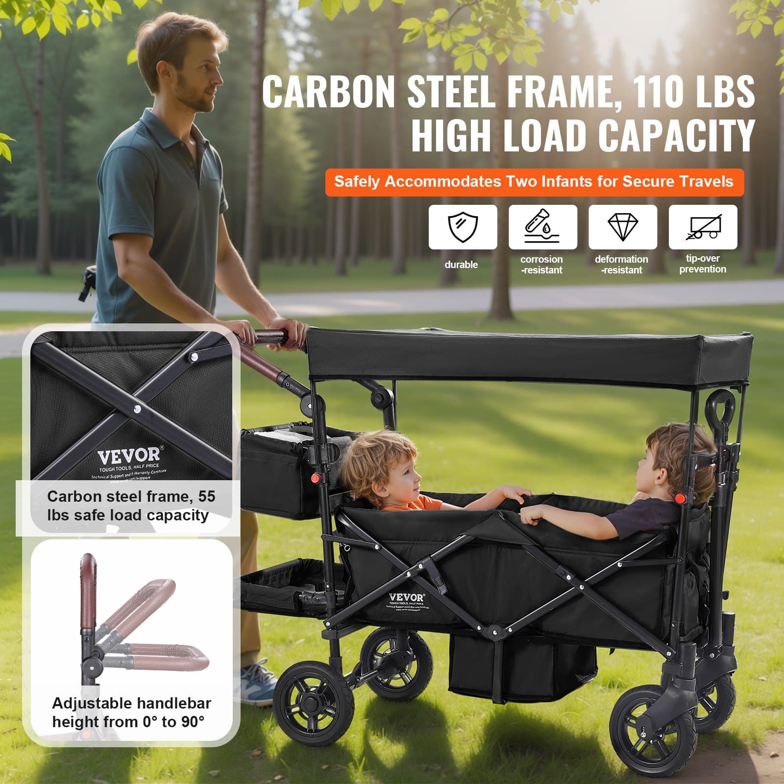 VEVOR Collapsible Tandem Wagon Stroller for 2 Kids, Adjustable Handle, Canopy, 4 Brakes Wheels, 25 kg Capacity, Black – Paveikslėlis 3