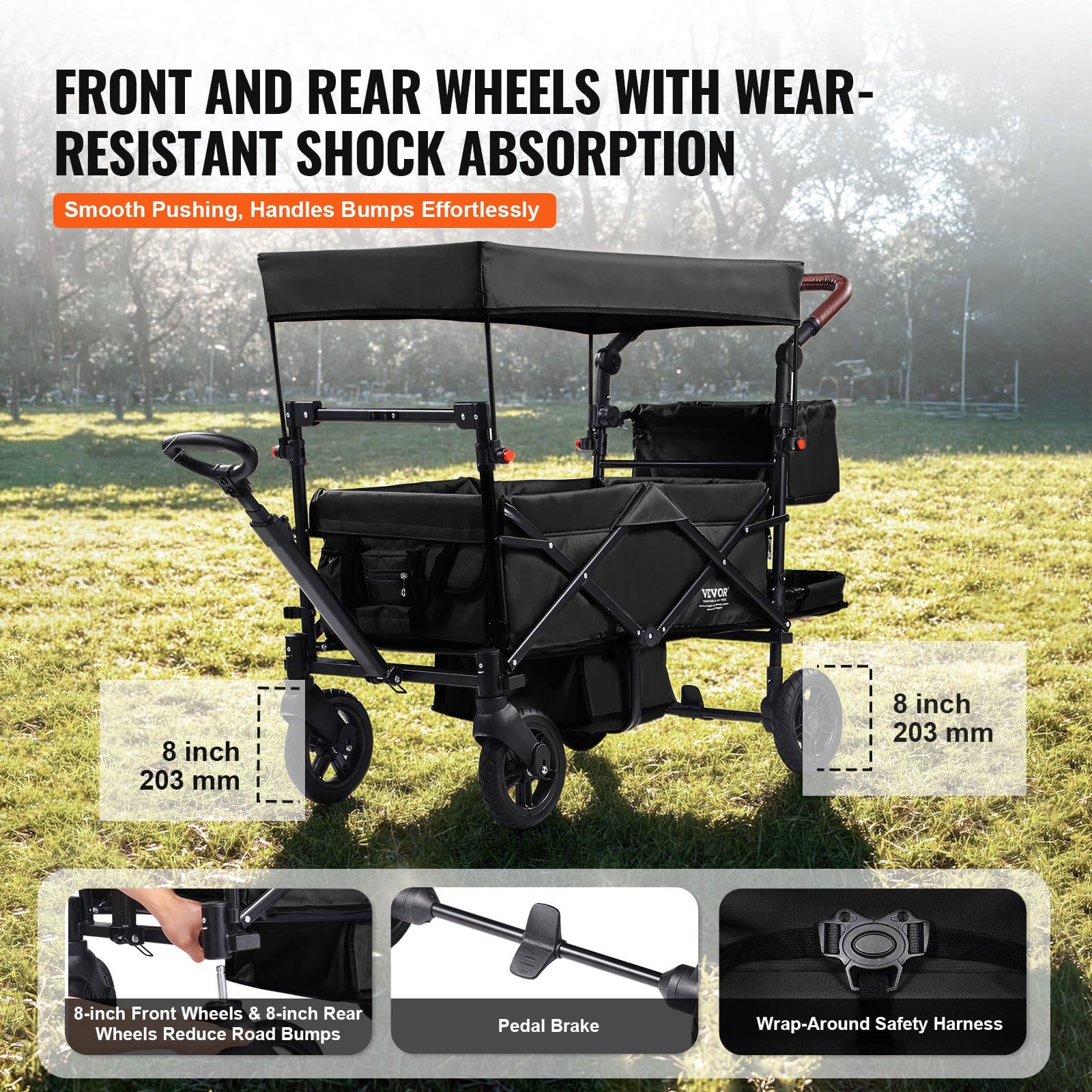 VEVOR Collapsible Tandem Wagon Stroller for 2 Kids, Adjustable Handle, Canopy, 4 Brakes Wheels, 25 kg Capacity, Black – Paveikslėlis 4