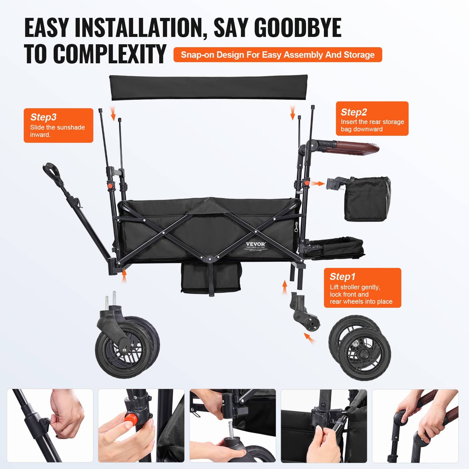 VEVOR Collapsible Tandem Wagon Stroller for 2 Kids, Adjustable Handle, Canopy, 4 Brakes Wheels, 25 kg Capacity, Black – Paveikslėlis 6