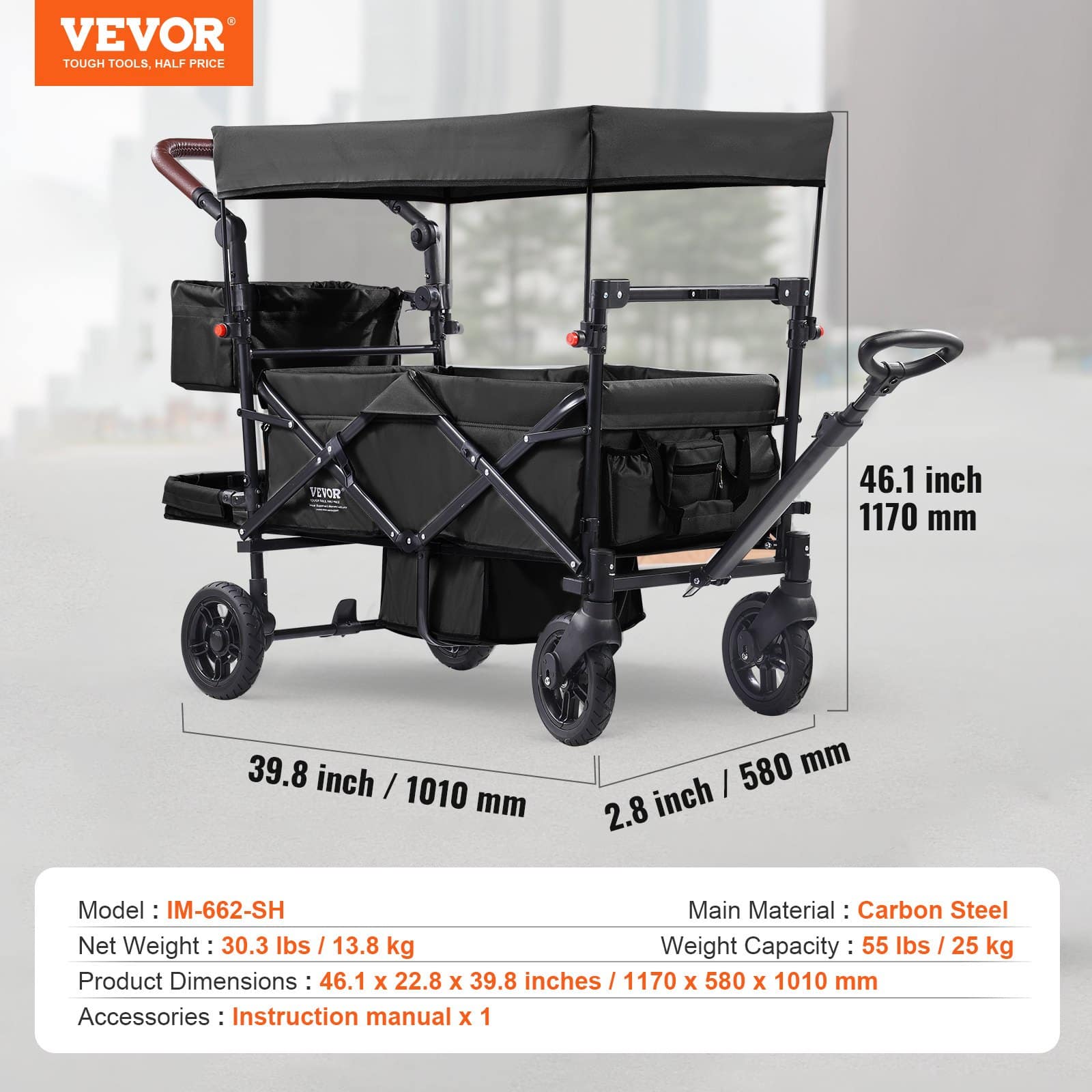 VEVOR Collapsible Tandem Wagon Stroller for 2 Kids, Adjustable Handle, Canopy, 4 Brakes Wheels, 25 kg Capacity, Black – Paveikslėlis 7