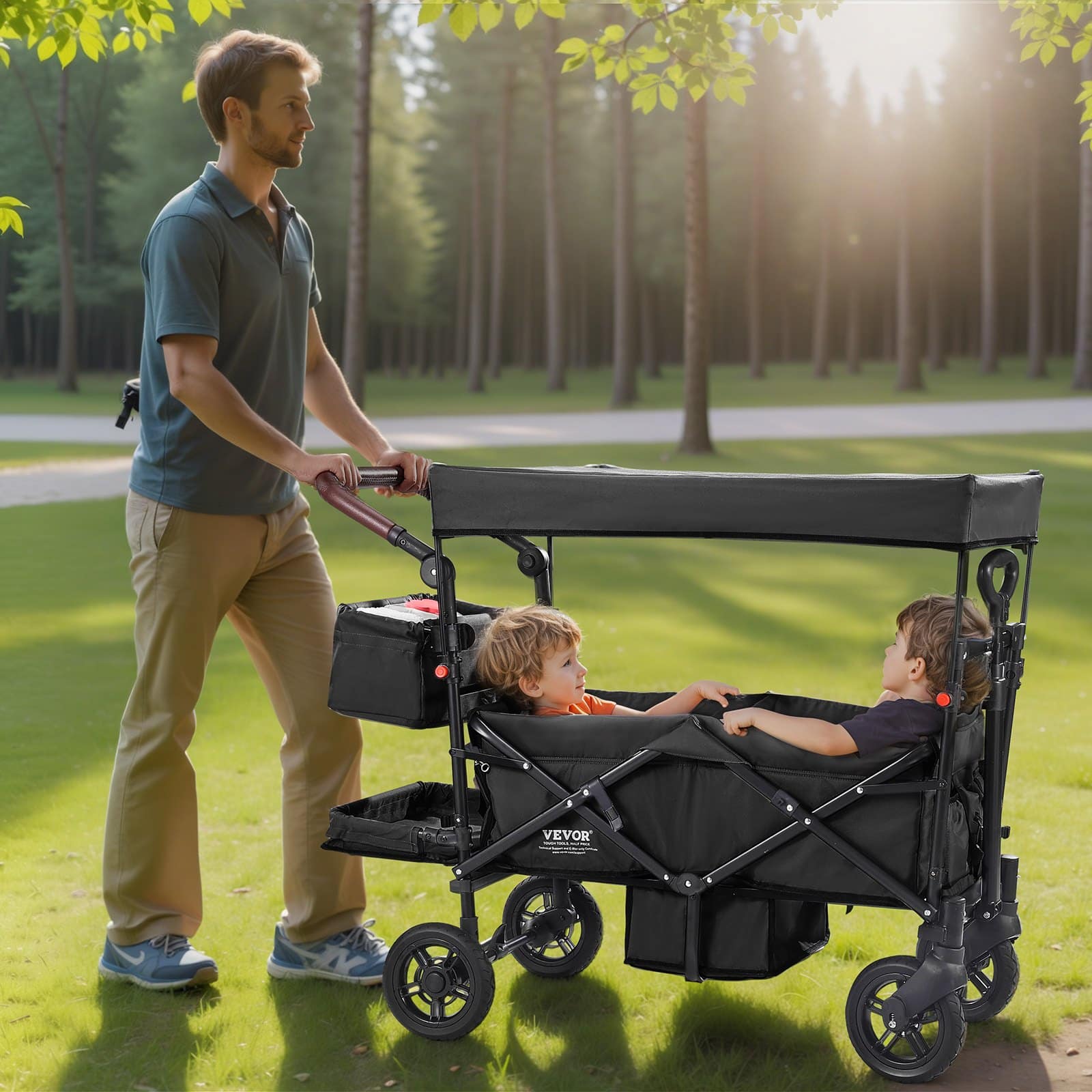 VEVOR Collapsible Tandem Wagon Stroller for 2 Kids, Adjustable Handle, Canopy, 4 Brakes Wheels, 25 kg Capacity, Black – Paveikslėlis 8
