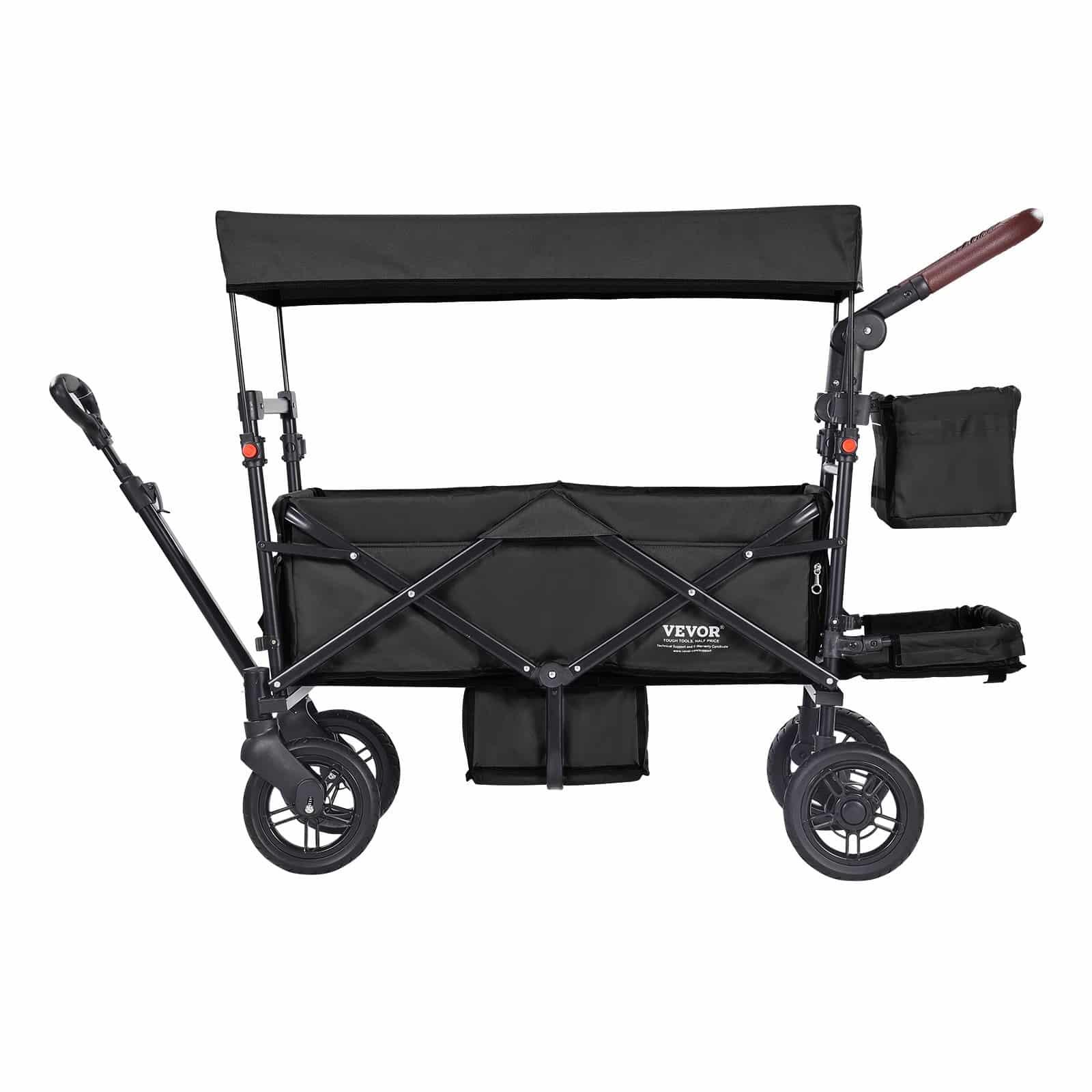 VEVOR Collapsible Tandem Wagon Stroller for 2 Kids, Adjustable Handle, Canopy, 4 Brakes Wheels, 25 kg Capacity, Black – Paveikslėlis 9