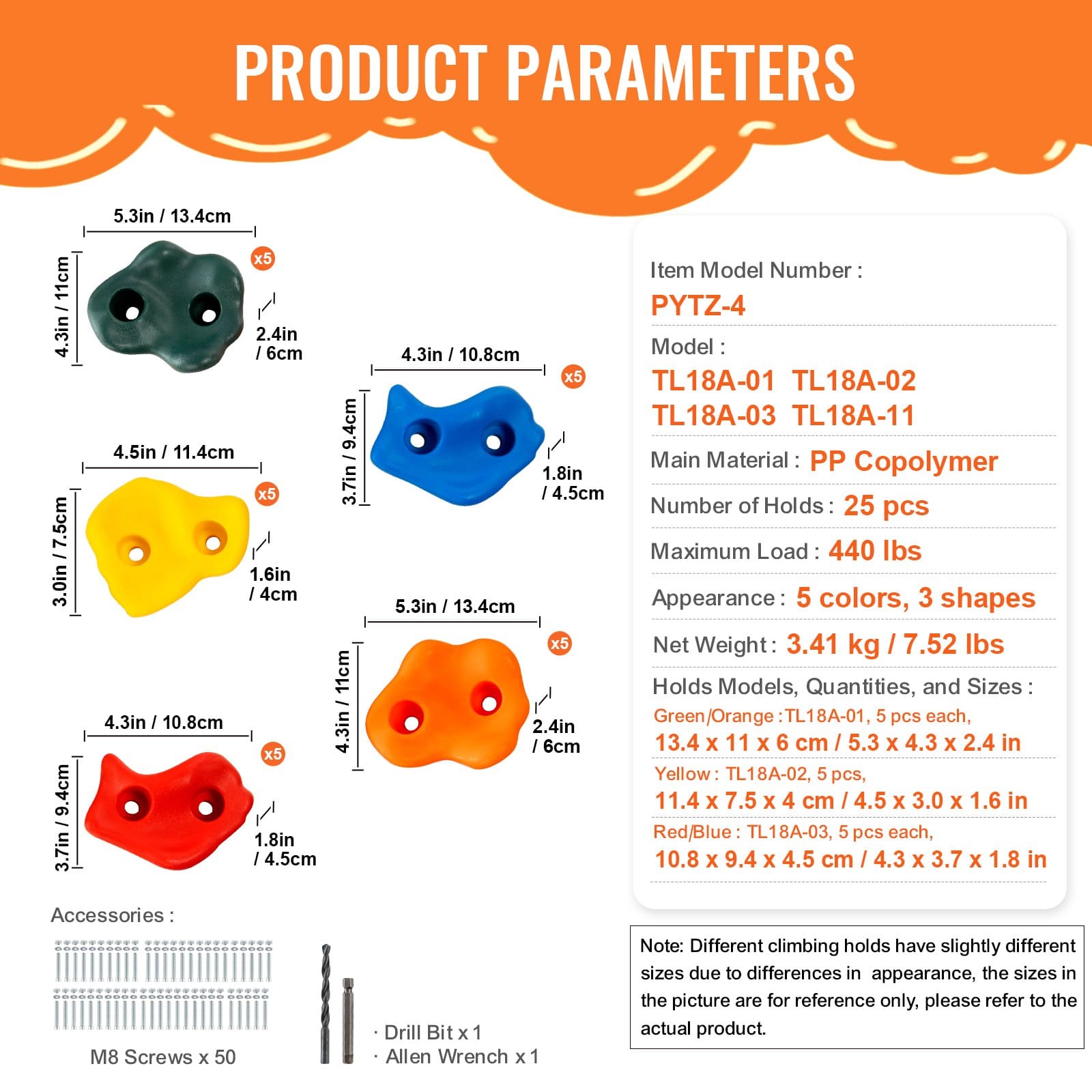 VEVOR 25 Climbing Holds, Multi-Color & Size Rock Wall Grips with Mounting Hardware for Indoor & Outdoor Use, Kids & Adults, Max 200kg — изображение 7