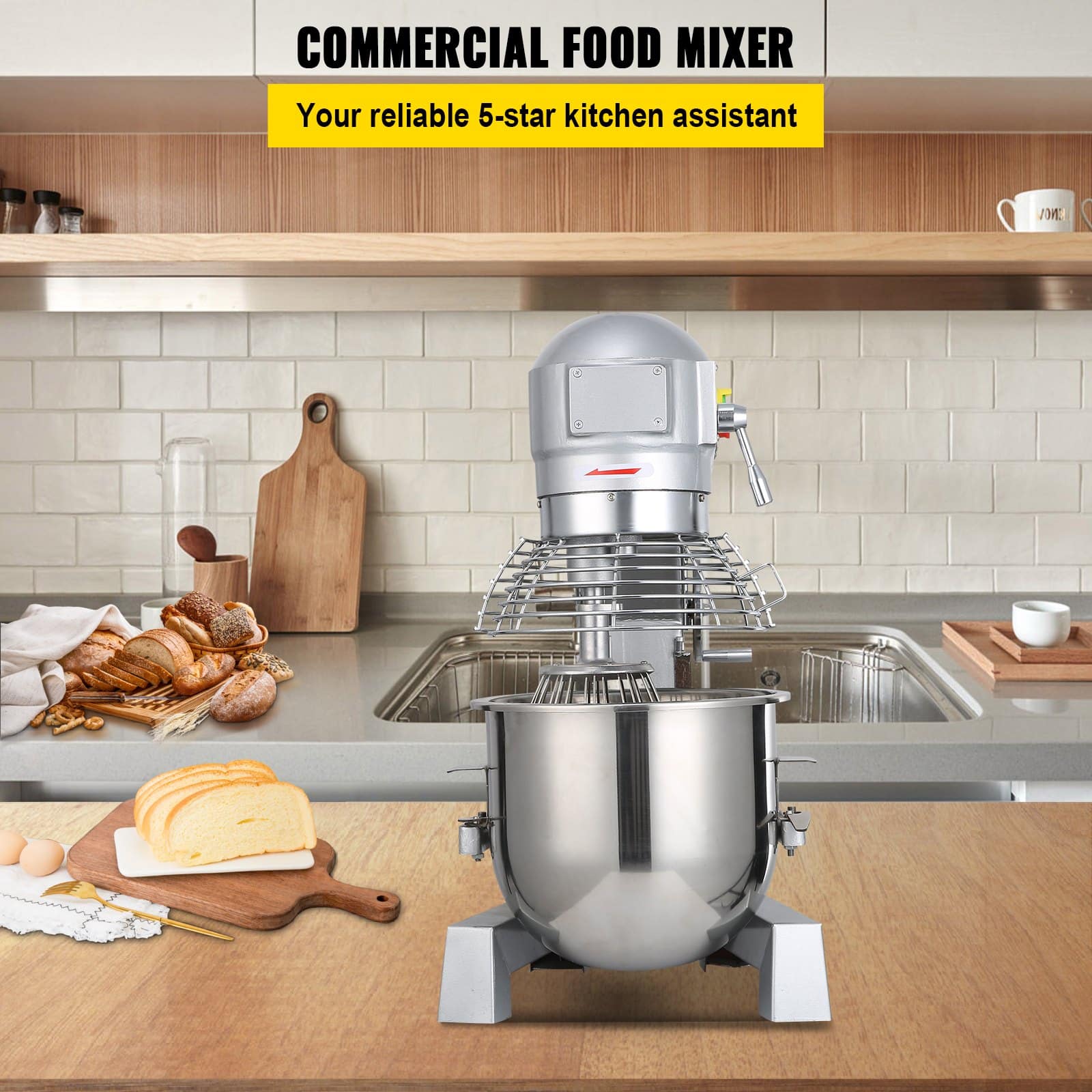 VEVOR 15L Commercial Food Mixer 600W, 3 Speeds (130/233/415 RPM), Stainless Steel Bowl & Attachments for Bakery & Kitchen — изображение 2