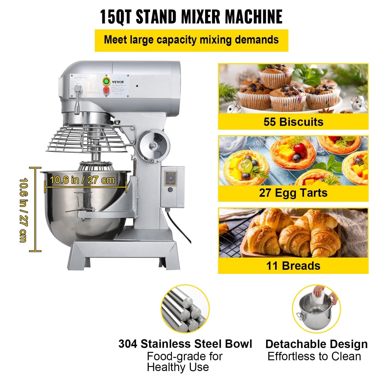 VEVOR 15L Commercial Food Mixer 600W, 3 Speeds (130/233/415 RPM), Stainless Steel Bowl & Attachments for Bakery & Kitchen — изображение 3