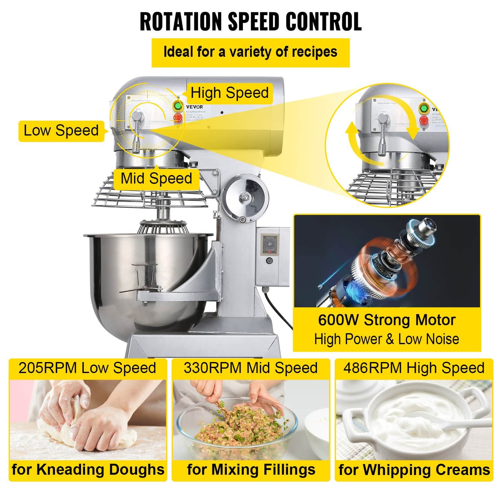 VEVOR 15L Commercial Food Mixer 600W, 3 Speeds (130/233/415 RPM), Stainless Steel Bowl & Attachments for Bakery & Kitchen — изображение 4