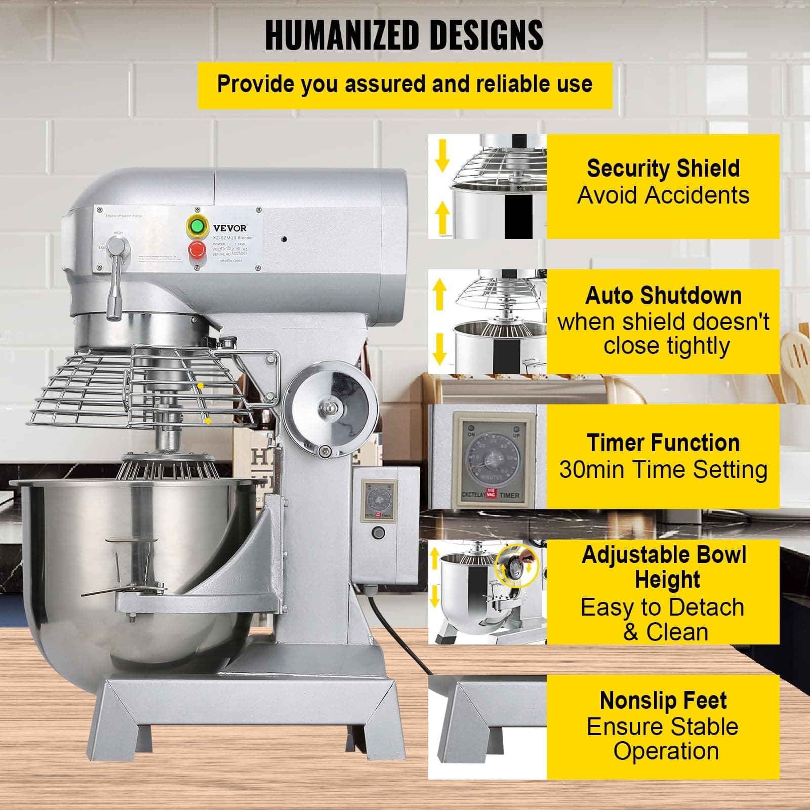 VEVOR 15L Commercial Food Mixer 600W, 3 Speeds (130/233/415 RPM), Stainless Steel Bowl & Attachments for Bakery & Kitchen — изображение 6