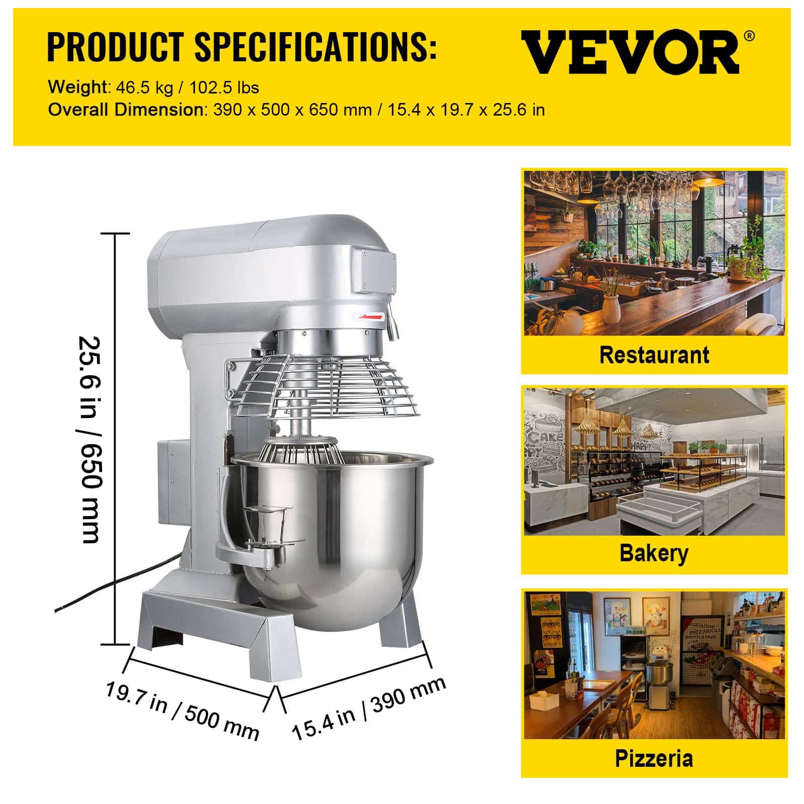 VEVOR 15L Commercial Food Mixer 600W, 3 Speeds (130/233/415 RPM), Stainless Steel Bowl & Attachments for Bakery & Kitchen — изображение 7