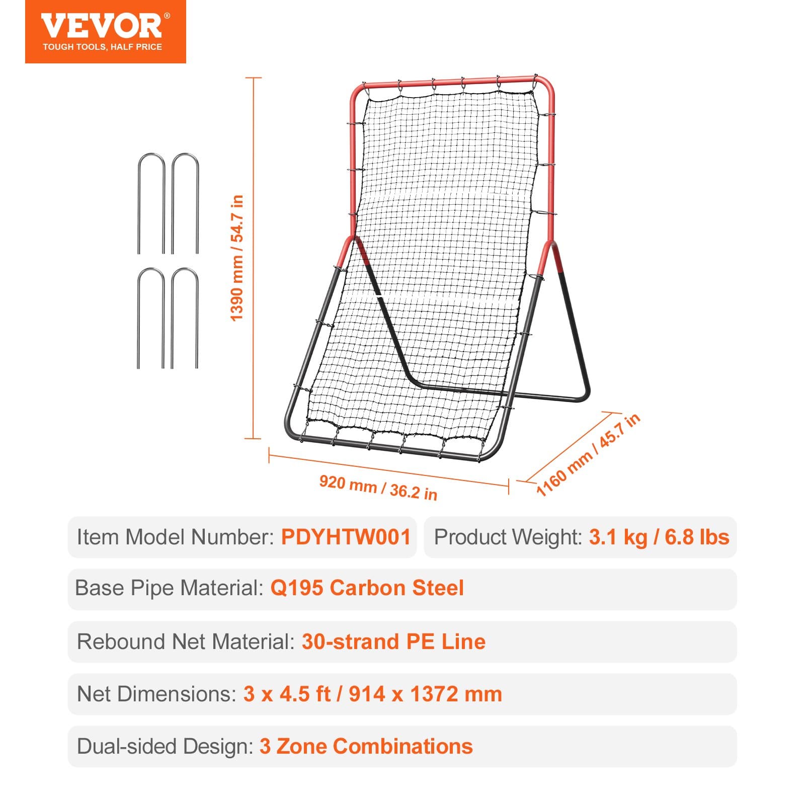 VEVOR 120x165 cm Baseball & Softball Rebound Net with 3-Zone Pitchback, Target Trainer for Throwing & Fielding Practice — attēls 7