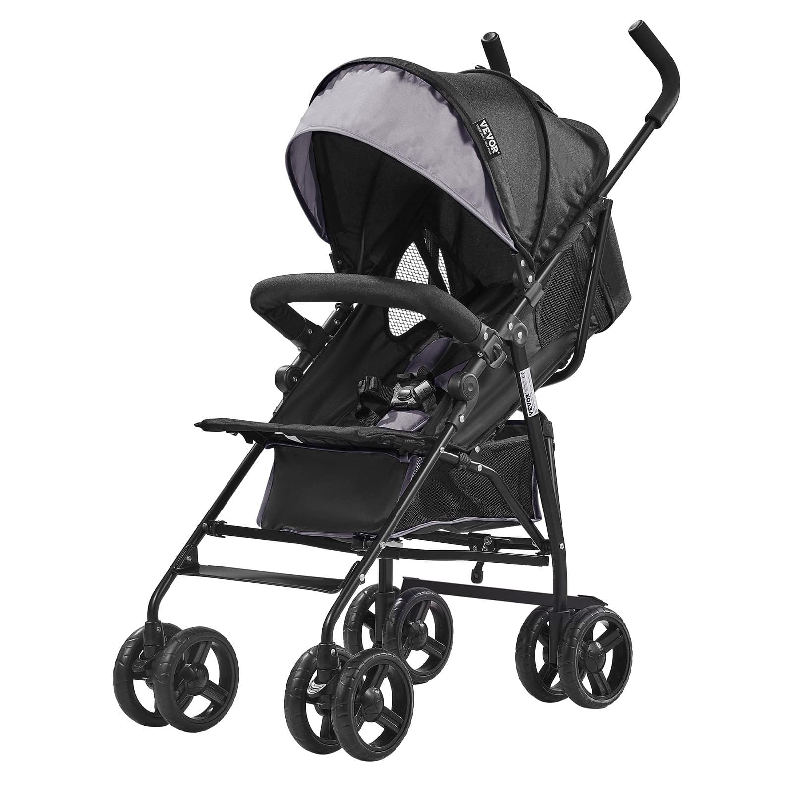 VEVOR Lightweight Travel Baby Stroller, Foldable Carbon Steel Frame, Adjustable Backrest & Canopy, 15kg Capacity, Gray/Black