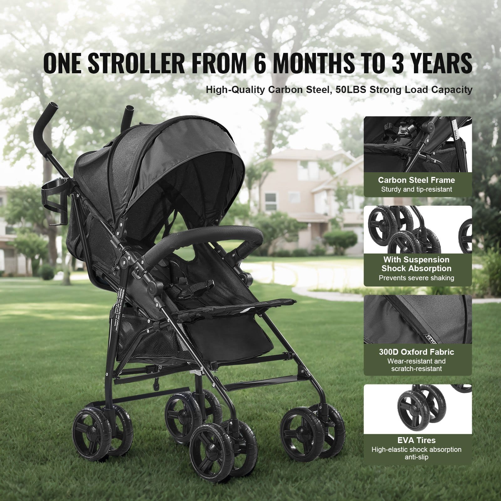 VEVOR Lightweight Foldable Baby Stroller, Carbon Steel Frame, Reclining Backrest, Canopy, Storage Basket, Black — attēls 4