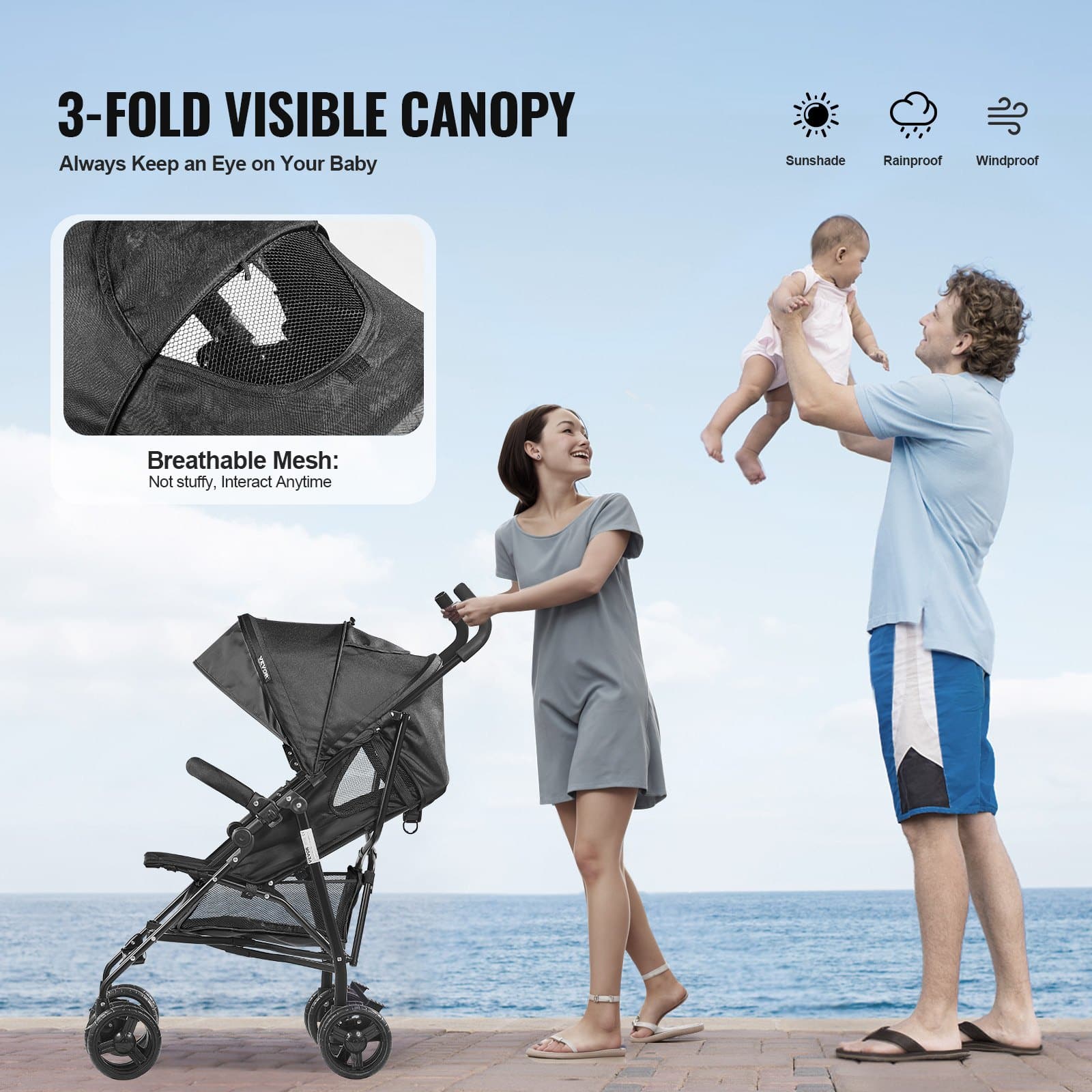 VEVOR Lightweight Foldable Baby Stroller, Carbon Steel Frame, Reclining Backrest, Canopy, Storage Basket, Black — attēls 5