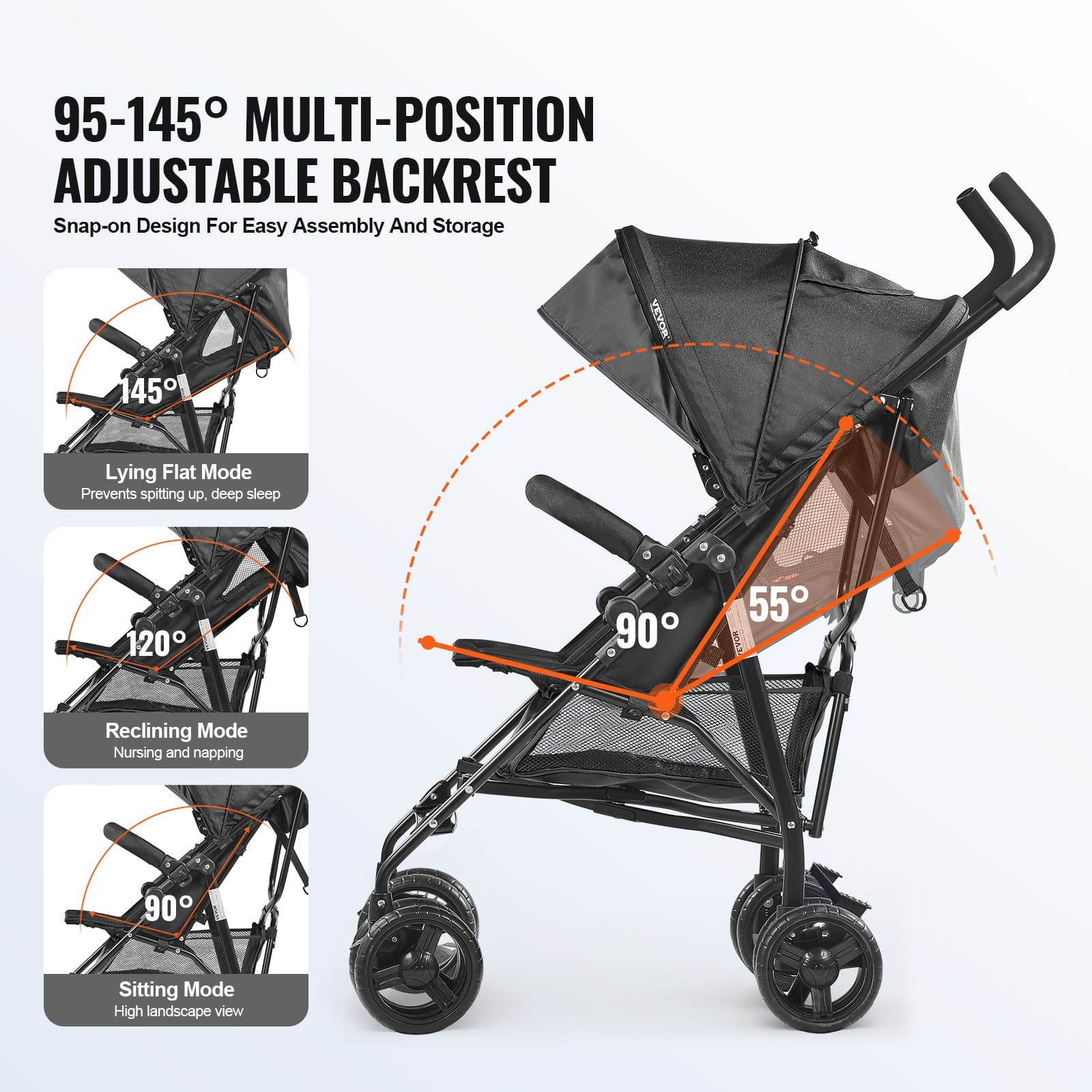 VEVOR Lightweight Foldable Baby Stroller, Carbon Steel Frame, Reclining Backrest, Canopy, Storage Basket, Black — attēls 6