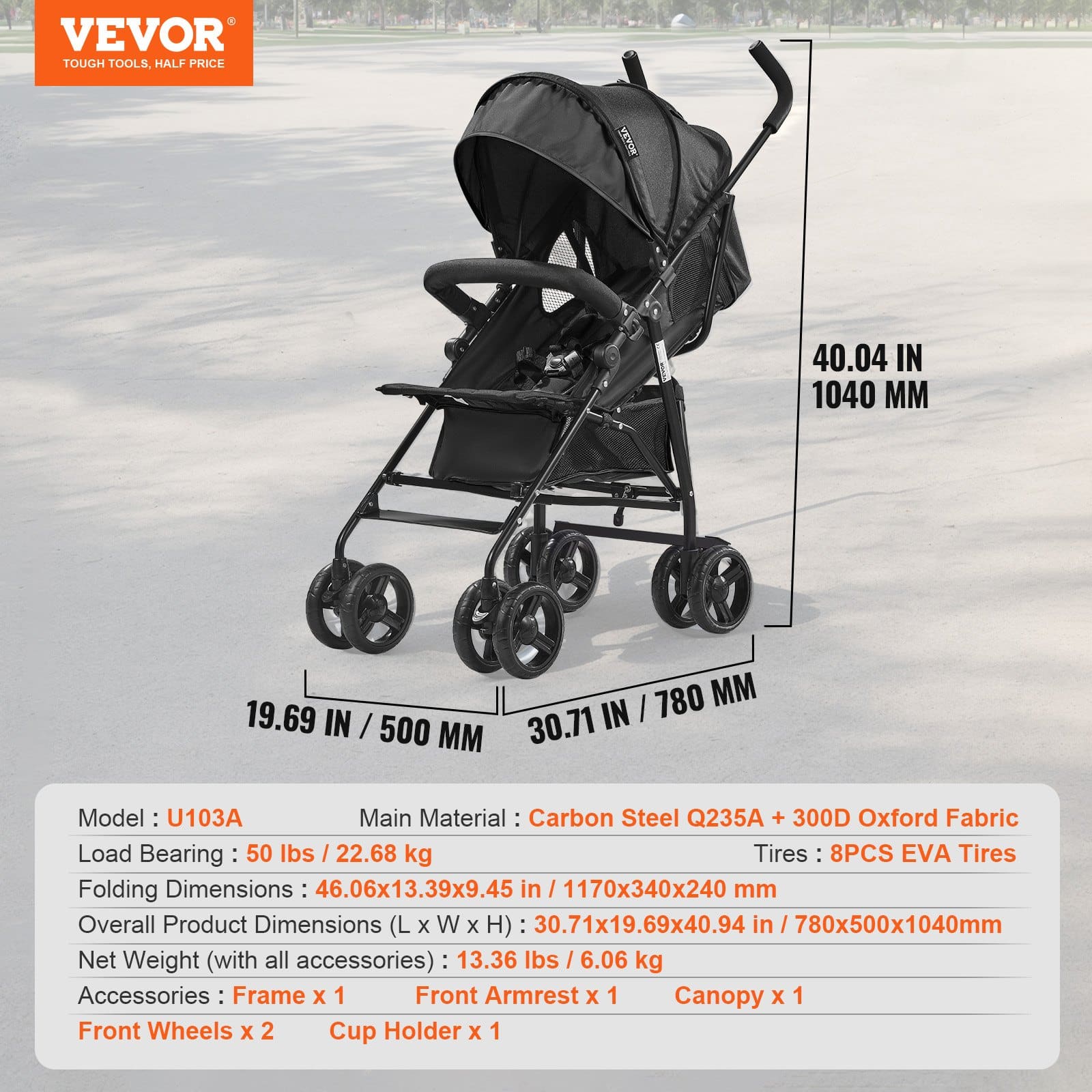 VEVOR Lightweight Foldable Baby Stroller, Carbon Steel Frame, Reclining Backrest, Canopy, Storage Basket, Black — attēls 7