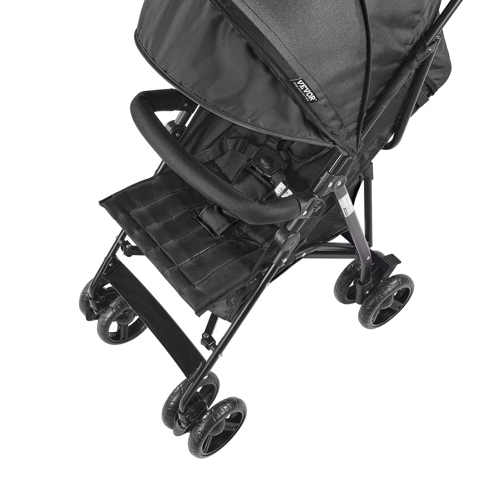 VEVOR Lightweight Foldable Baby Stroller, Carbon Steel Frame, Reclining Backrest, Canopy, Storage Basket, Black — attēls 11