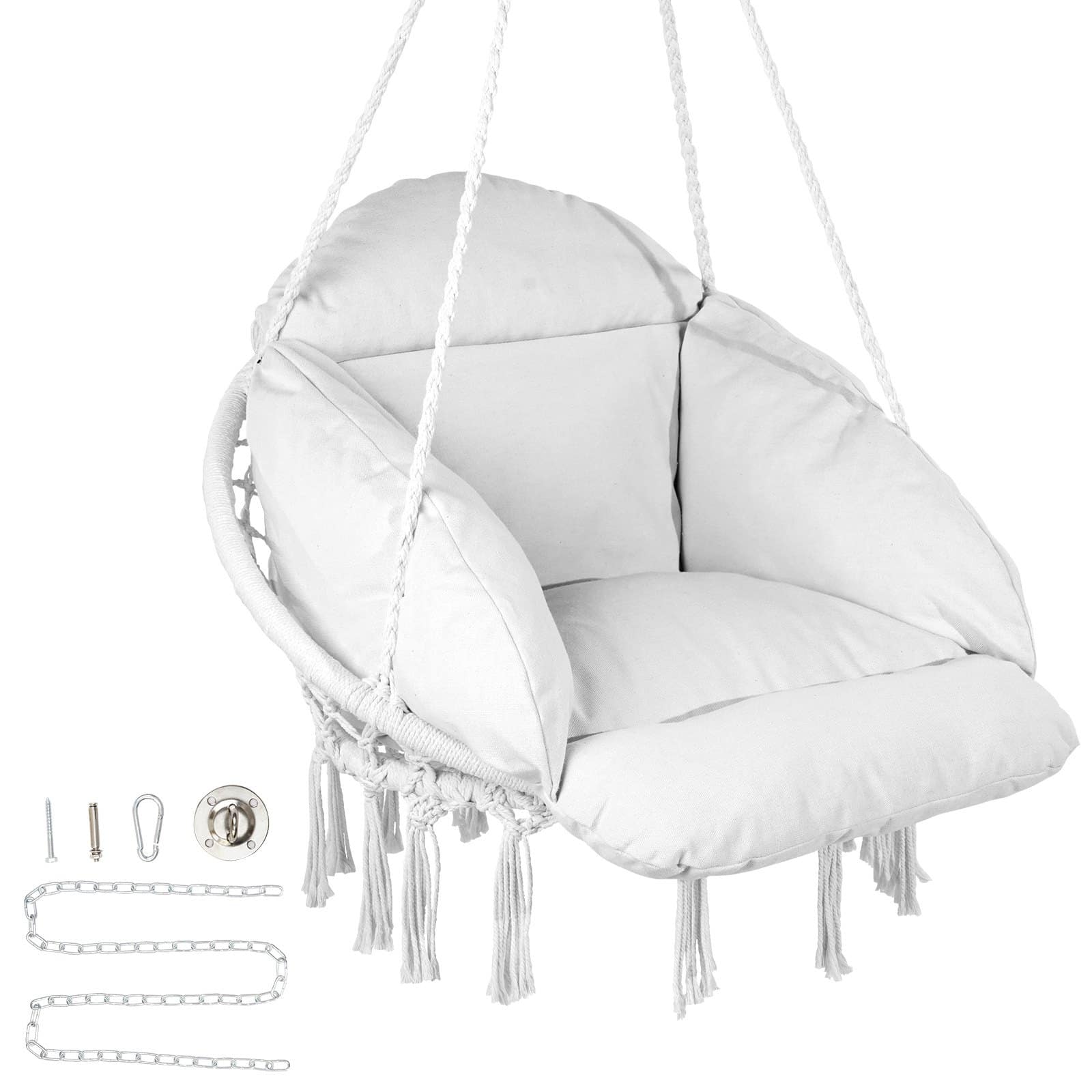 VEVOR Macrame Hanging Hammock Chair with Cushion & Mounting Kit, Boho Cotton Swing for Indoor/Outdoor, 120 kg Capacity, White