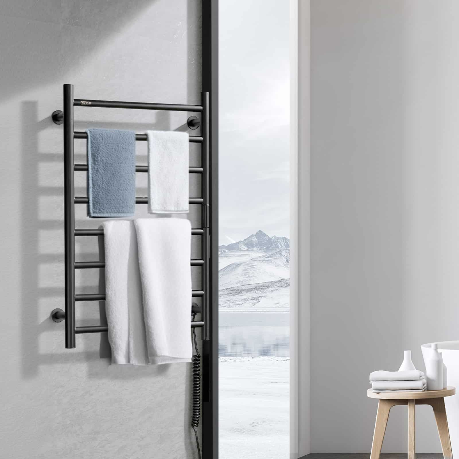 VEVOR Wall-Mounted Heated Towel Rack, 8 Bars, 5-Level Temp Control, Timer & LED, IPX5 Waterproof, 55°C Max, Black – Paveikslėlis 8
