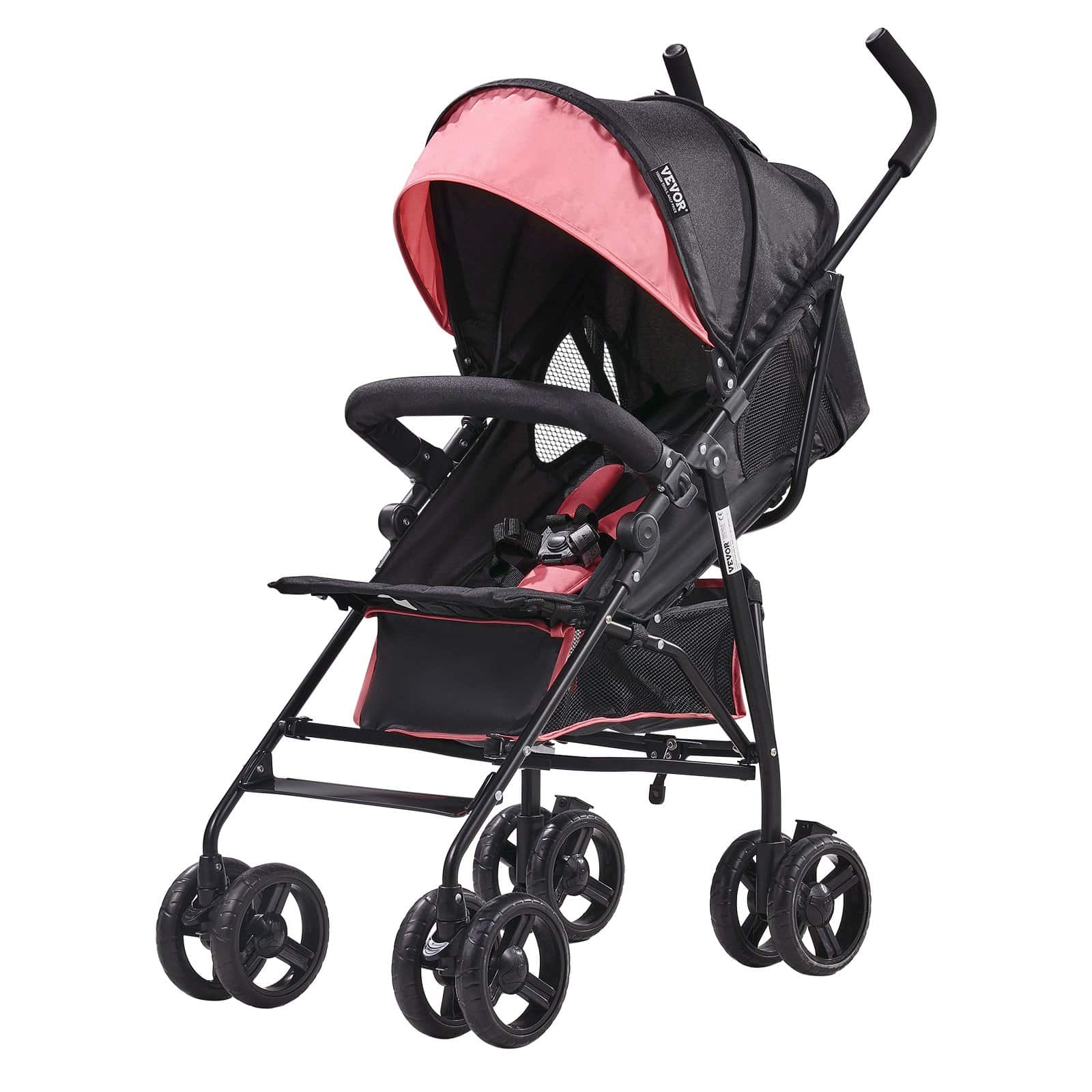 VEVOR Lightweight Foldable Baby Stroller, Adjustable Recline & Canopy, Carbon Steel Frame, 15kg Load, Black/Pink