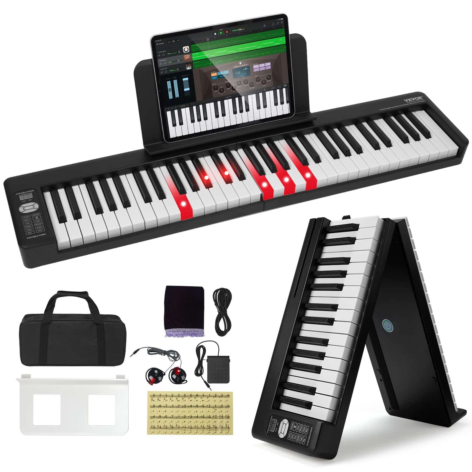 VEVOR 61-Key Foldable Digital Piano, Bluetooth MIDI, Lighted Touch Keys, Stereo Sound, Rechargeable, with Bag & Pedal, Black