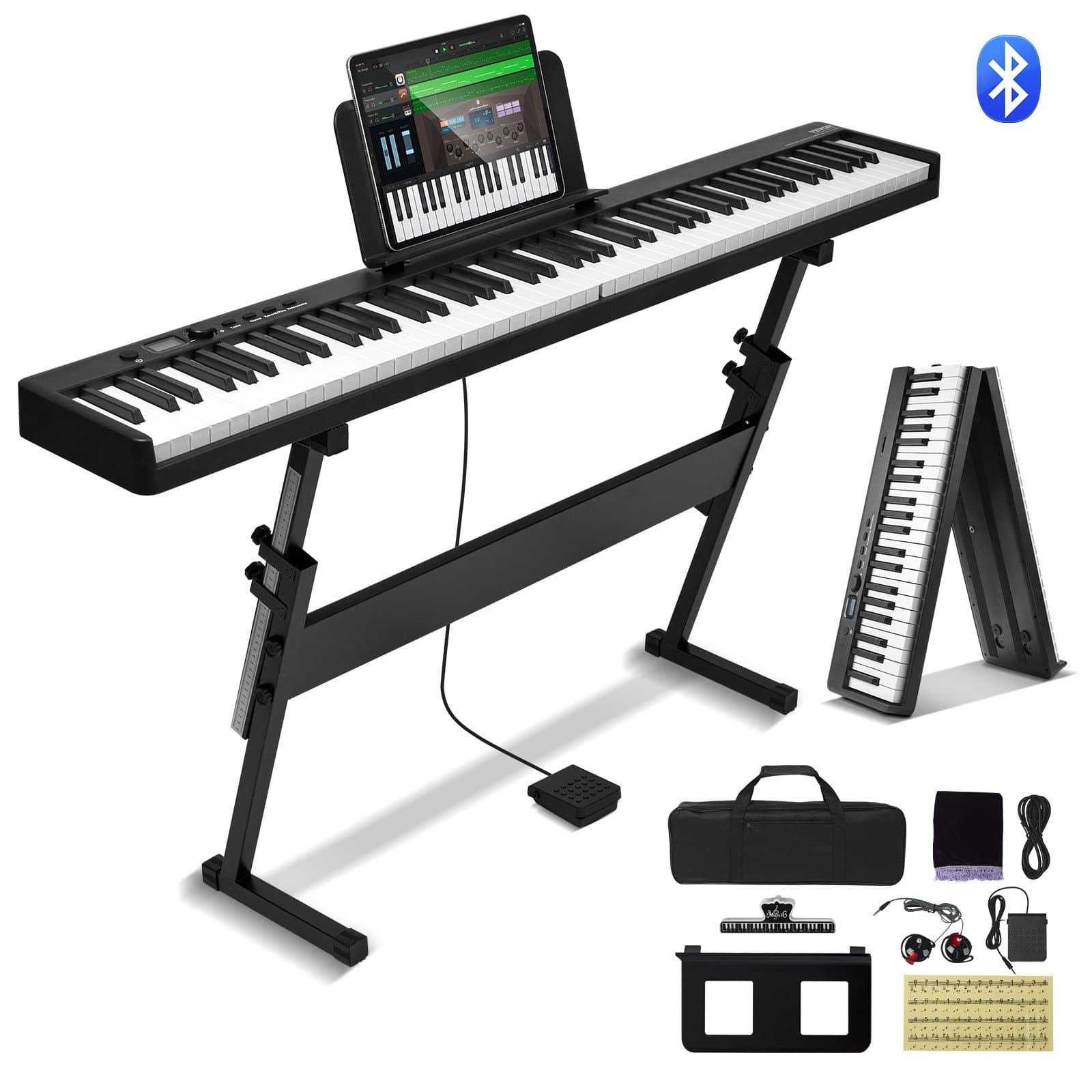 VEVOR 88-Key Foldable Digital Piano, Bluetooth & MIDI, Portable Keyboard with Stand, Pedal, Bag, Rechargeable, Black