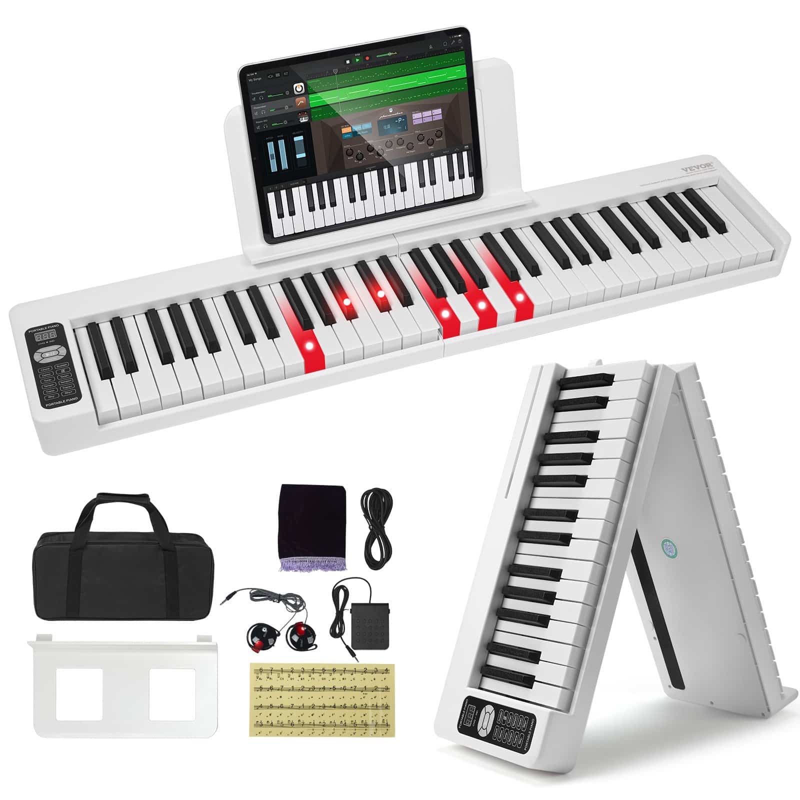 VEVOR 61-Key Foldable Digital Piano, Bluetooth & MIDI, Rechargeable with Lighted Touch Keys, Bag & Pedal – White
