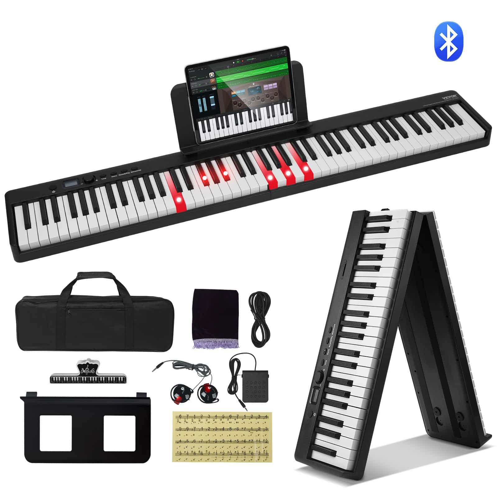 VEVOR 88-Key Foldable Digital Piano, Bluetooth & MIDI, Portable with Touch Sensitive Keys, Pedal, Bag, Headphones - Black