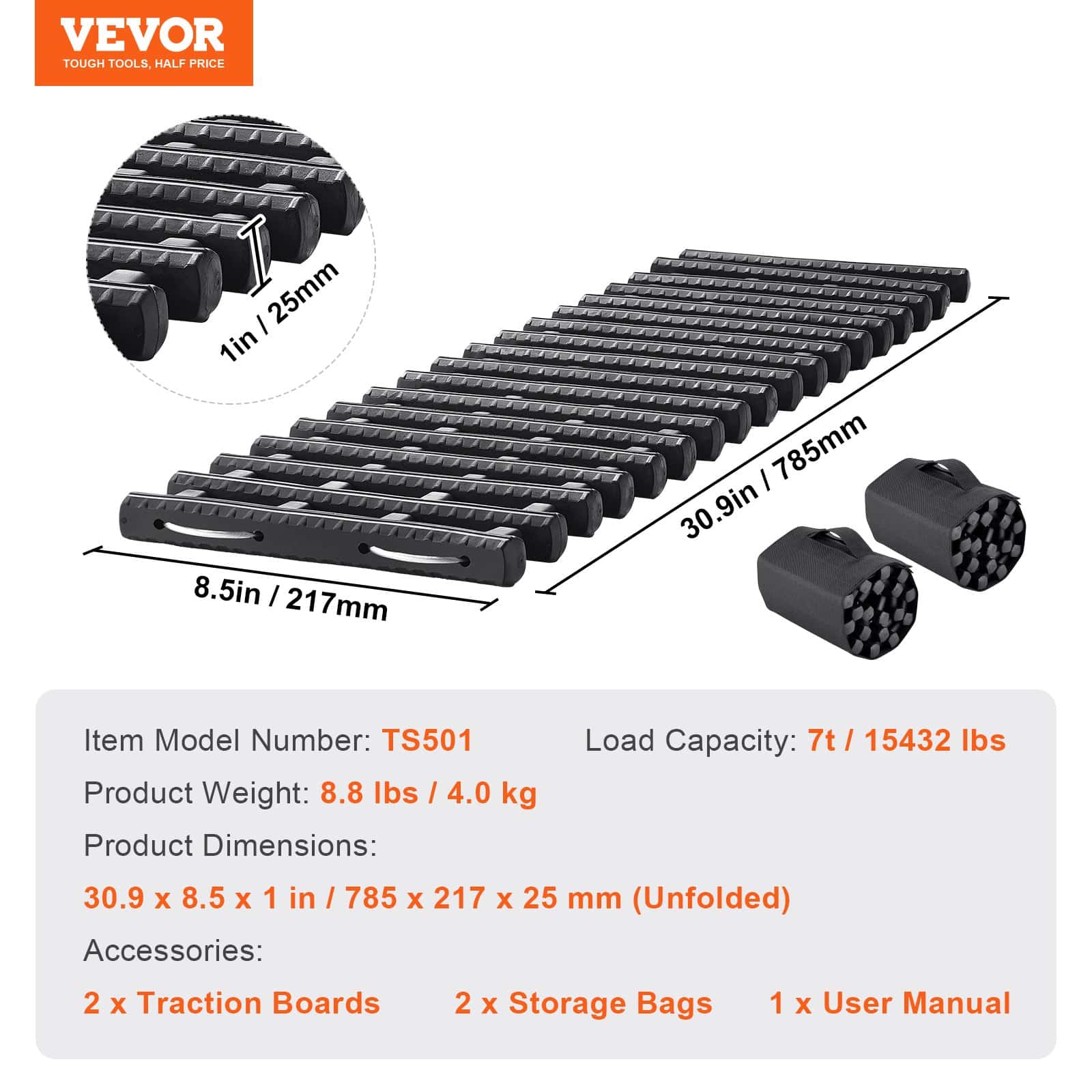 VEVOR 7 Ton TPR Traction Boards for Off-Road Vehicles, Tire Recovery Mats for Snow, Sand, Mud, with Storage Bag, Black, Pair - Зображення 7