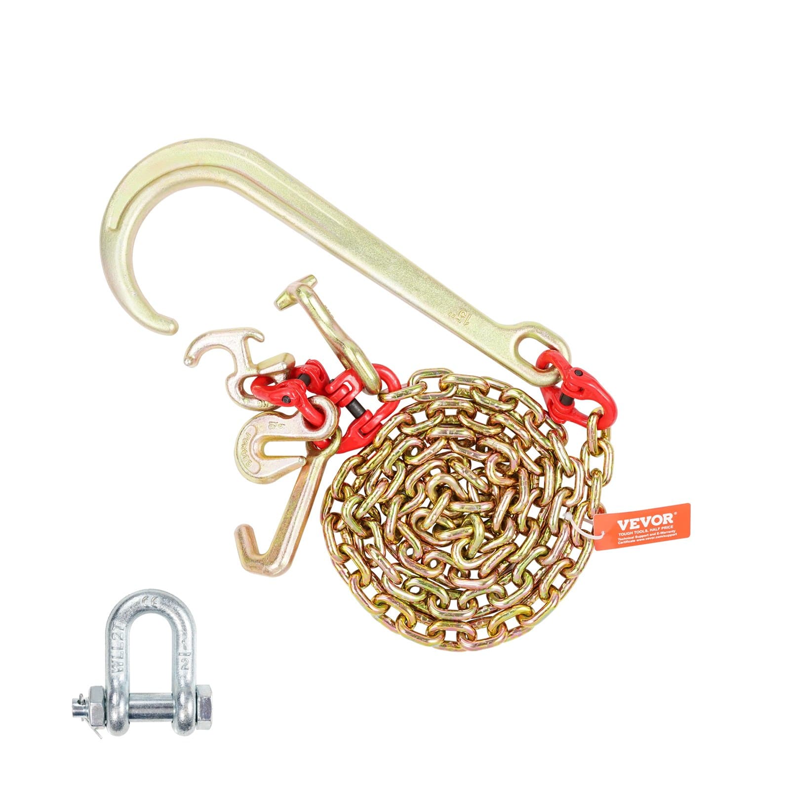 VEVOR G80 J Hook Tow Chain 8mm x 1.8m with RTJ Cluster & Grab Hooks, 2450kg Load, Heavy Duty Transport Chain for Towing & Recovery