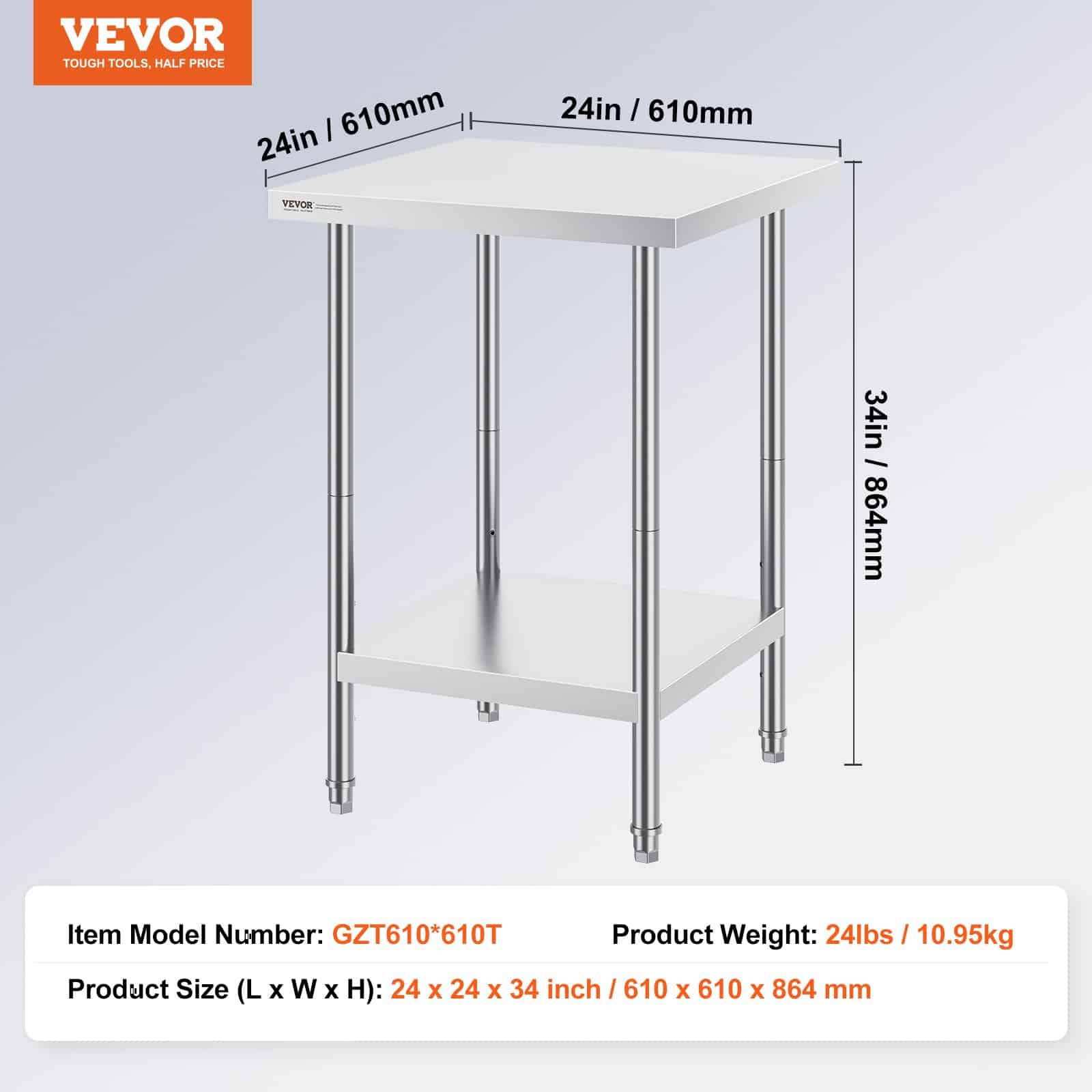 VEVOR Stainless Steel Work Table 61x61x86 cm, Heavy-Duty Commercial Prep Table with 3 Adjustable Shelves for Kitchen & Garage - Pilt 7