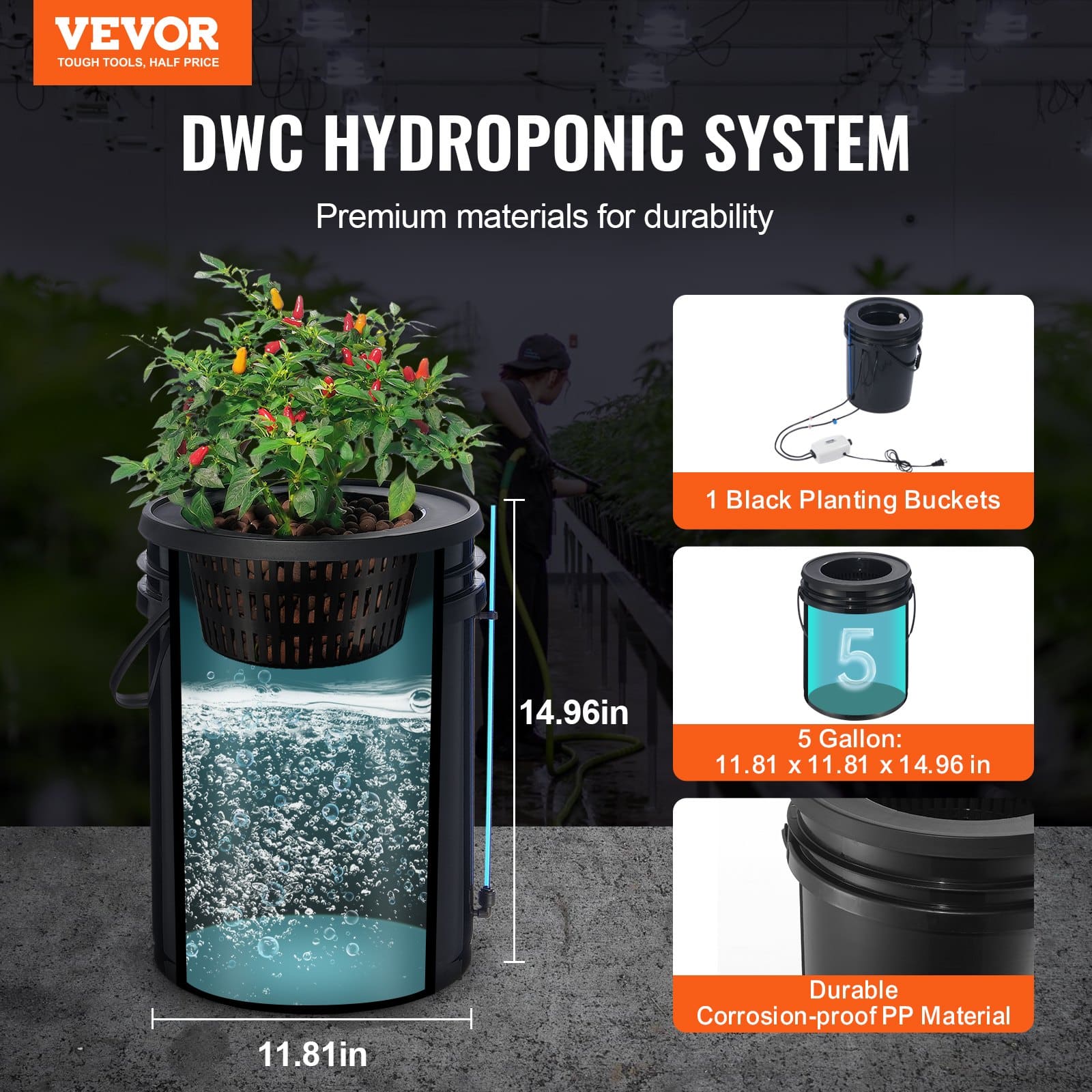 VEVOR 18.9L DWC Hydroponic Grow System with Top Drip Kit, Air Pump & Stone, for Leafy Vegetables (1 Bucket Set) - Image 2