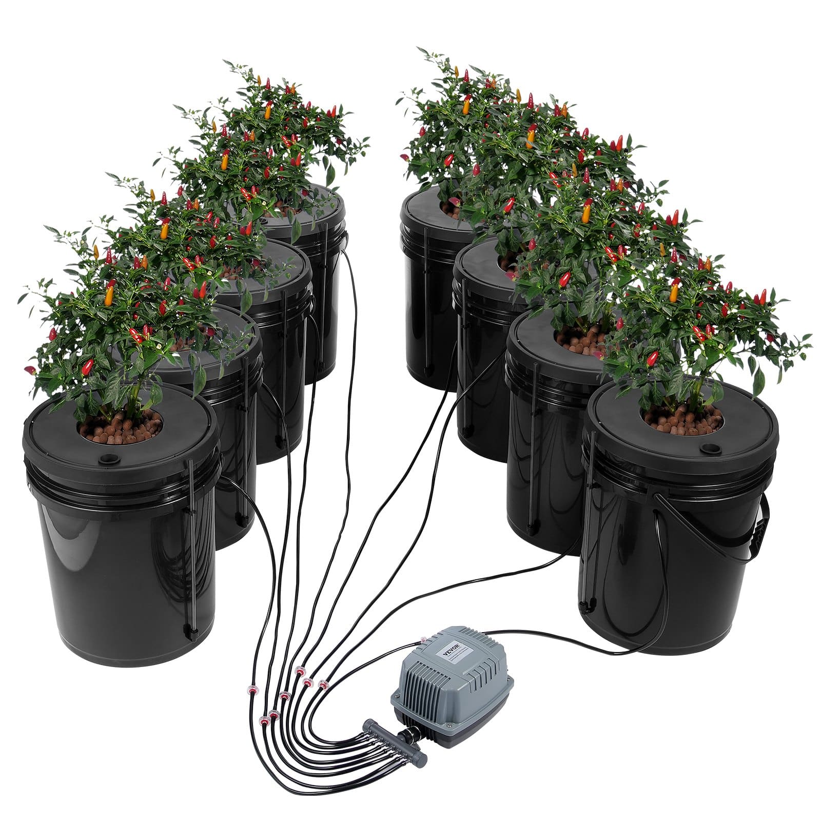 VEVOR DWC Hydroponic Grow System 8-Bucket 18.9L with Air Pump & Stones, Deep Water Culture Kit for Leafy Vegetables