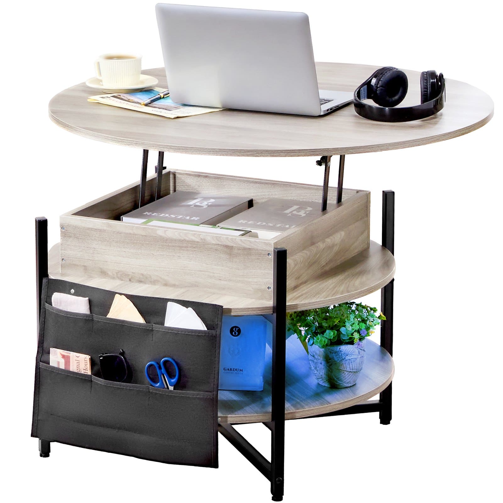 VEVOR ümar tõstetava lauaplaadiga kohvilaud 89,7 cm, reguleeritava kõrgusega, valge, hoiutaskutega