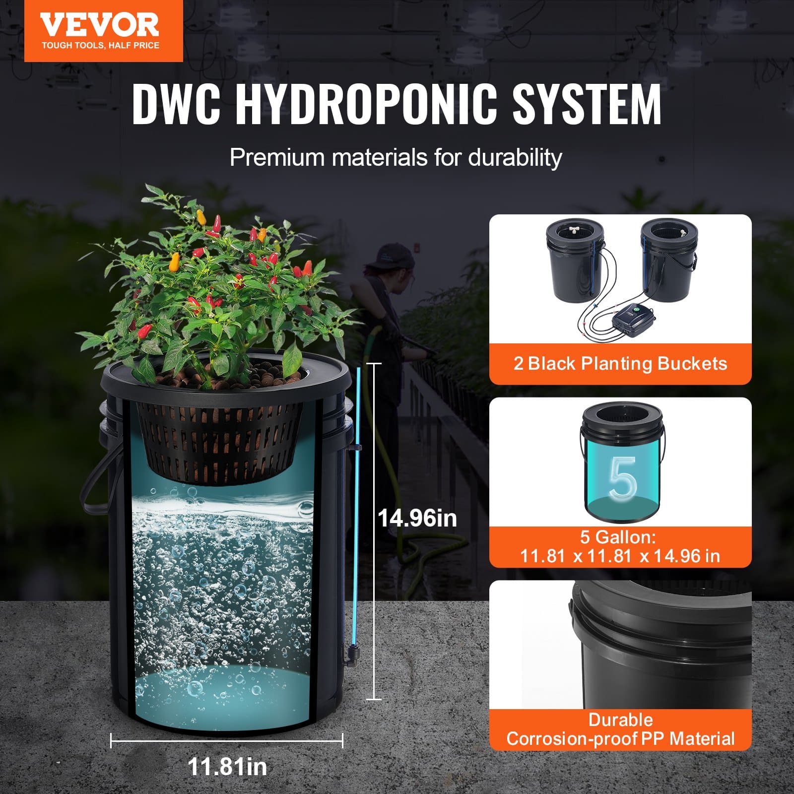 VEVOR 2-Bucket 18.9L DWC Hydroponic Grow System with Top Drip Kit, Air Pump & Stones for Leafy Vegetables - Зображення 2