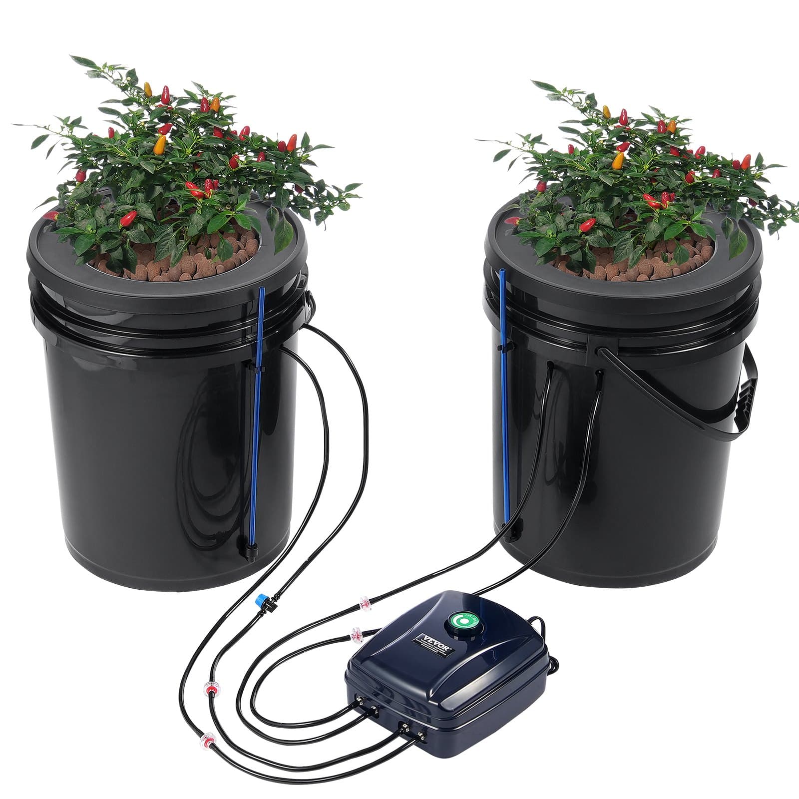 VEVOR 2-Bucket 18.9L DWC Hydroponic Grow System with Top Drip Kit, Air Pump & Stones for Leafy Vegetables