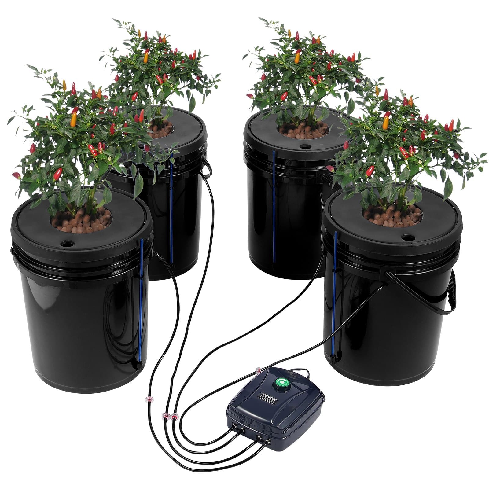 VEVOR DWC Hydroponic Grow System – 4 x 18.9L Buckets with Air Pump, Air Stones, Water Level Device for Leafy Vegetables