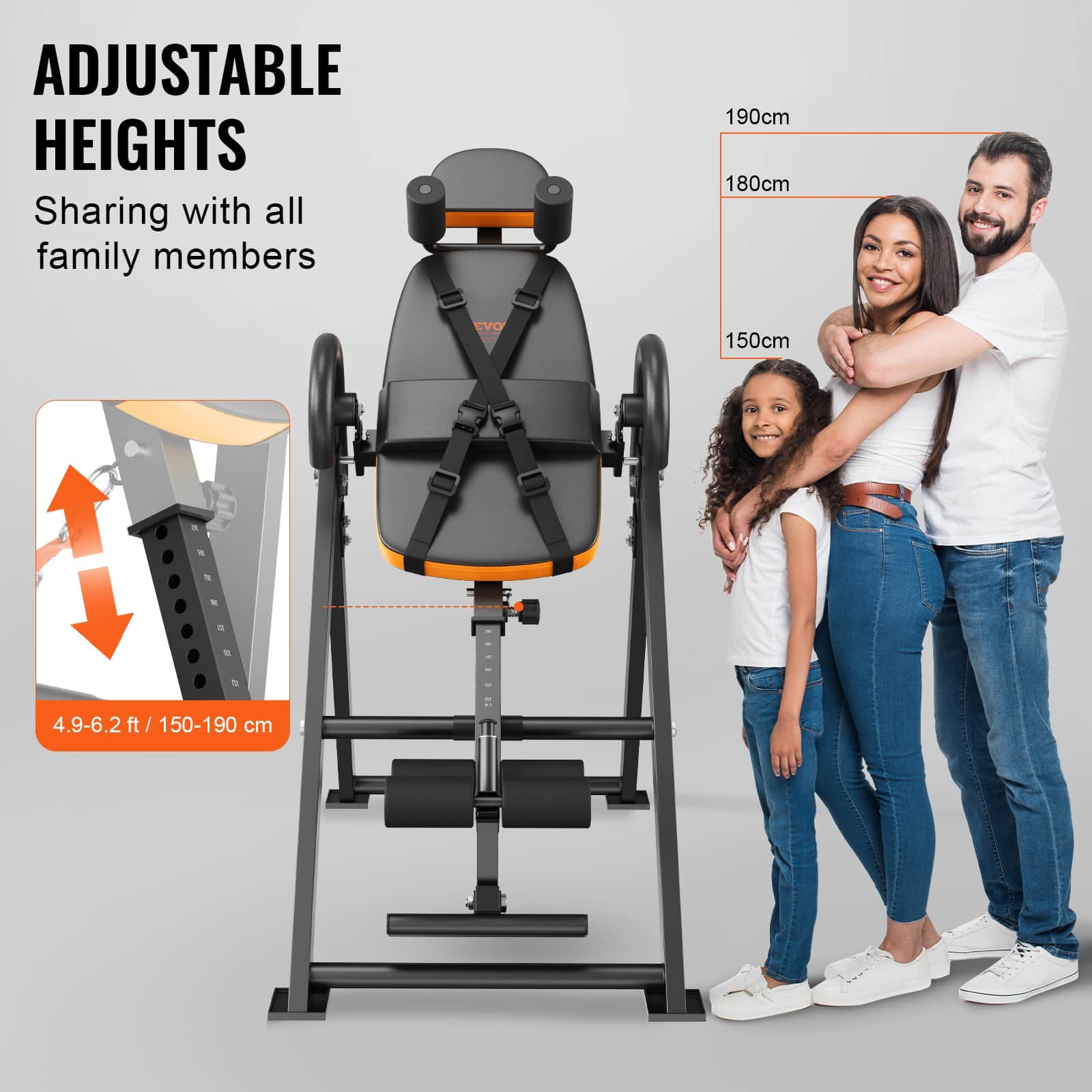 VEVOR Heavy Duty Inversion Table for Back Pain Relief, 136kg Capacity, Foldable with Ankle Lock, Headrest, Adjustable Belt, Orange/Black — изображение 5